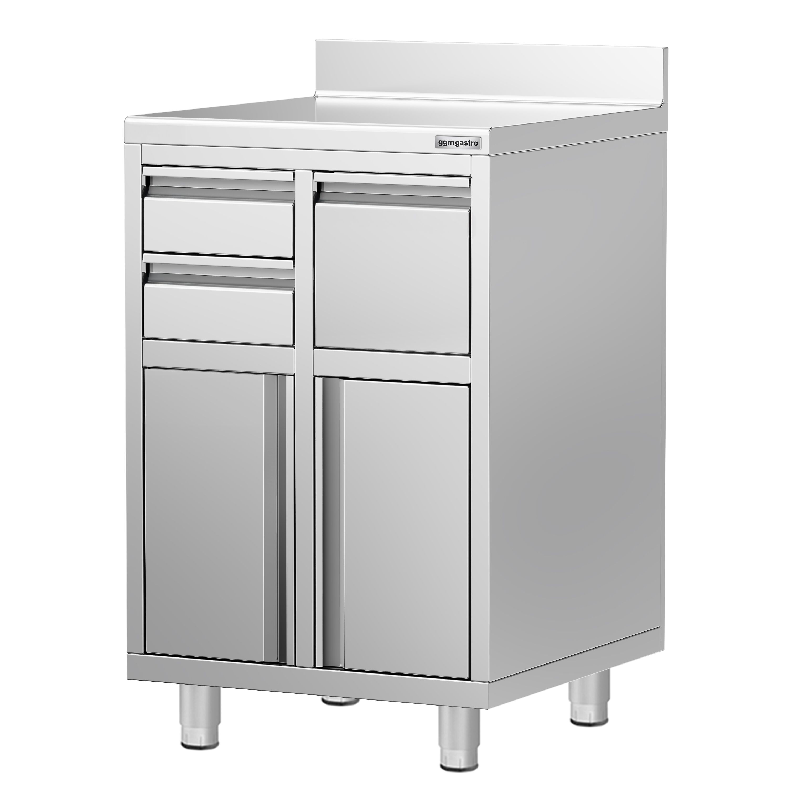 Armoire de travail pour machine à café filtre - 600x600mm - avec dosseret - 2 tiroirs, 1 porte battante, 1 tiroir à marc de café