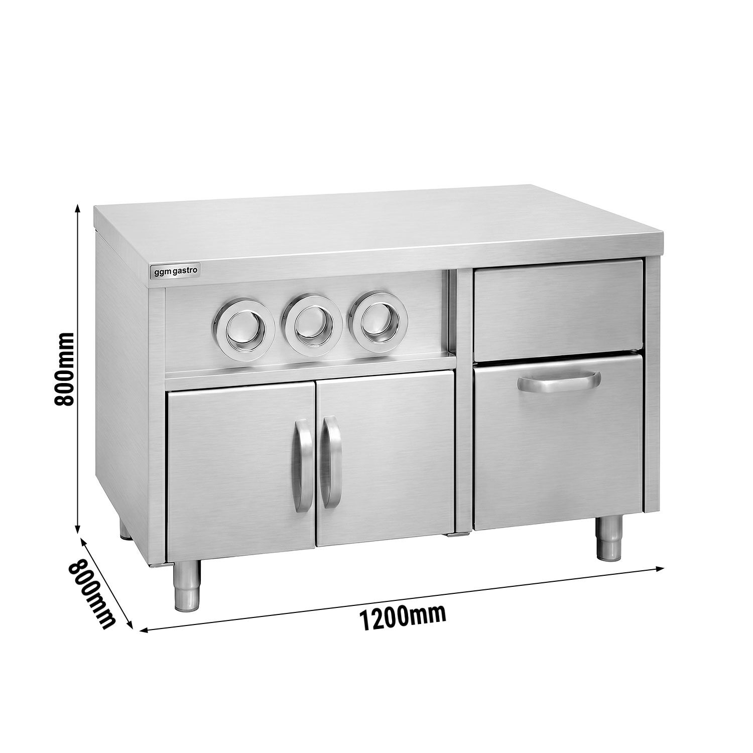 Szafka dolna - z dozownikami kubków i niechłodzonym zasobnikiem na lód z odpływem, 2 drzwi skrzydłowe - Długość: 1,2m - 1200x800x800mm - AISI 304