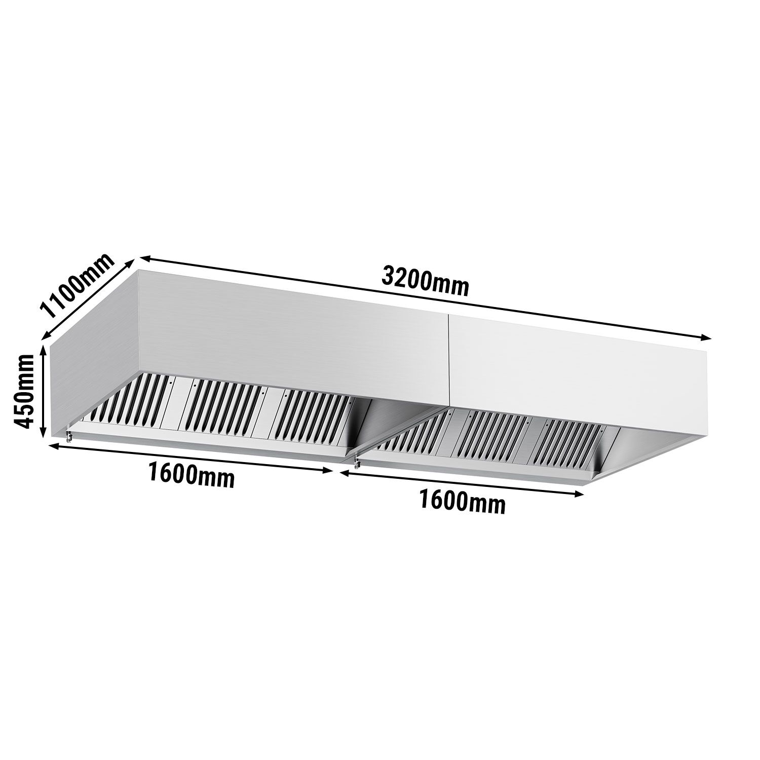Hotte à adosser professionnelle - Profondeur 1100 - 3200mm - sans moteur - avec filtres et éclairage