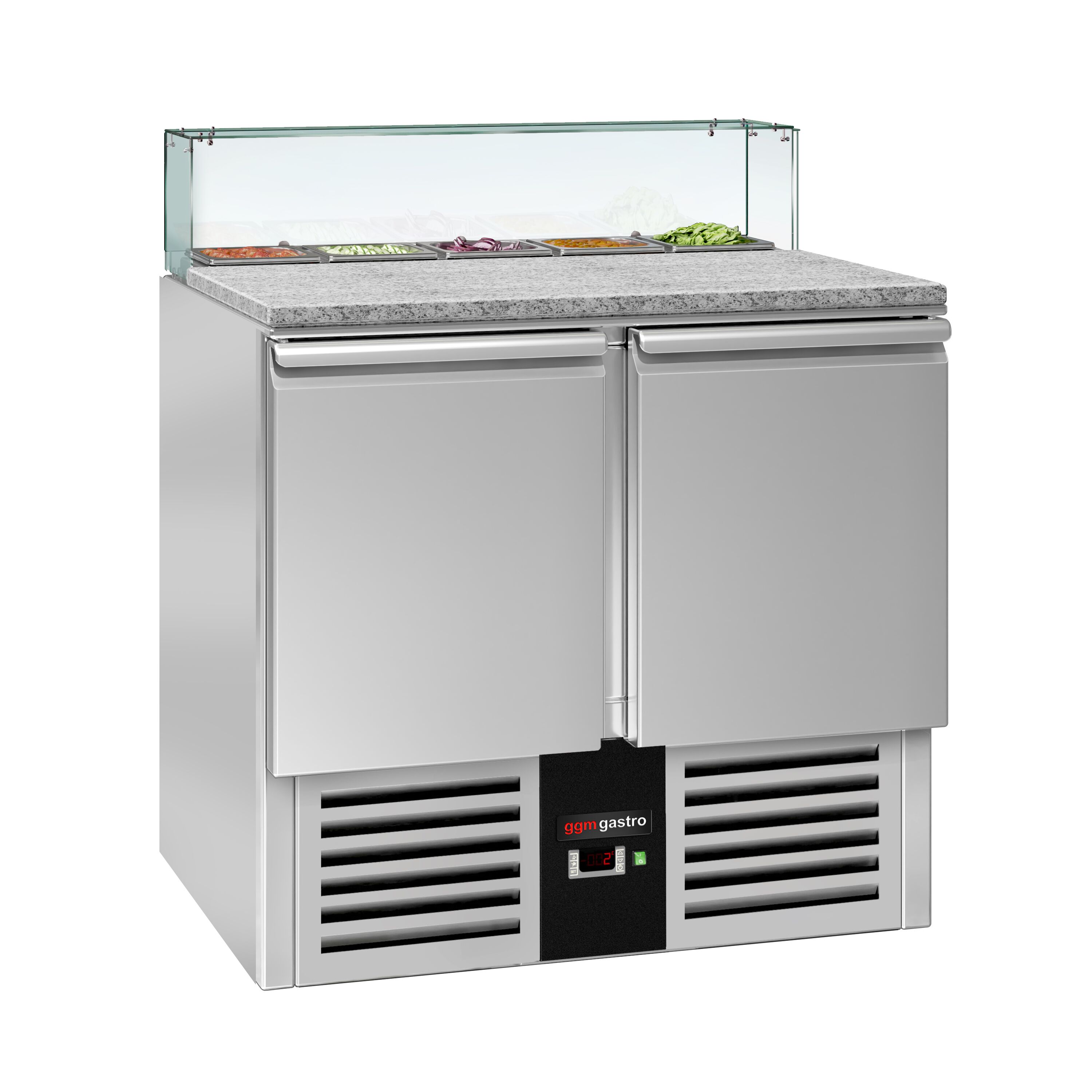 Saladette réfrigérée PREMIUM - 900mm - 240L - 2 portes - avec vitrine de comptoir pour 5x GN 1/6