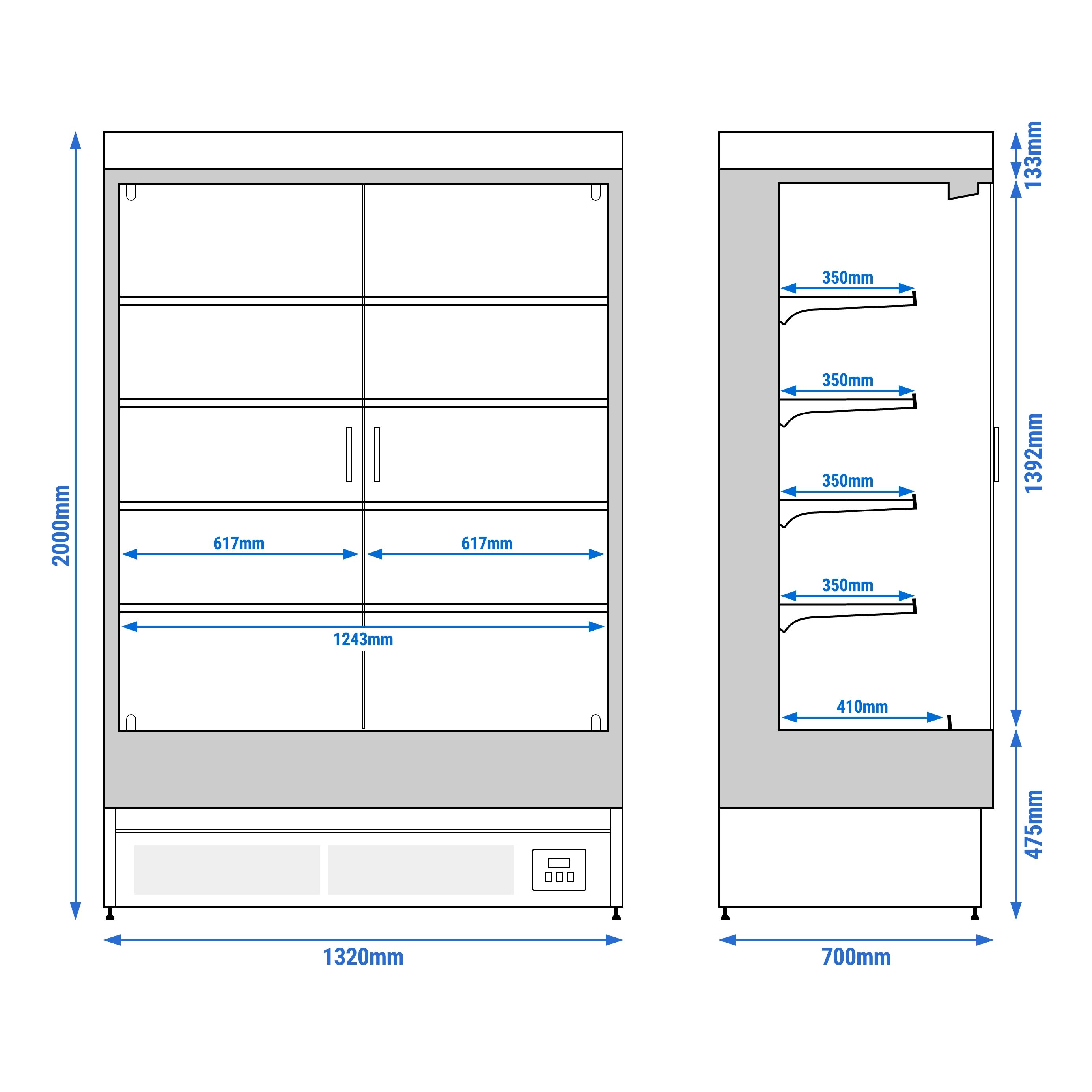 Vitrine murale réfrigérée - 1320mm - 595L - avec 2 portes battantes vitrées & 4 étagères - arrière fermé - Noir