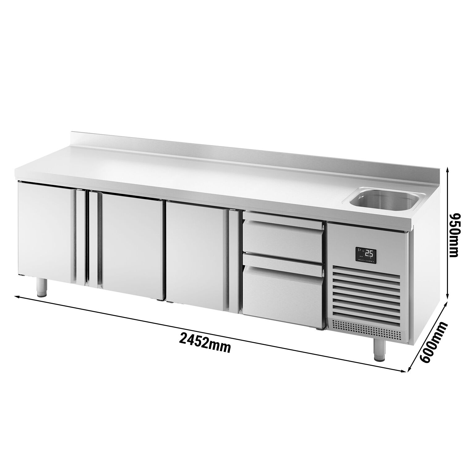 Table réfrigérée Premium PLUS - 2452 x 600 mm - avec 1 bac, 3 portes - 2 tiroirs - dosseret