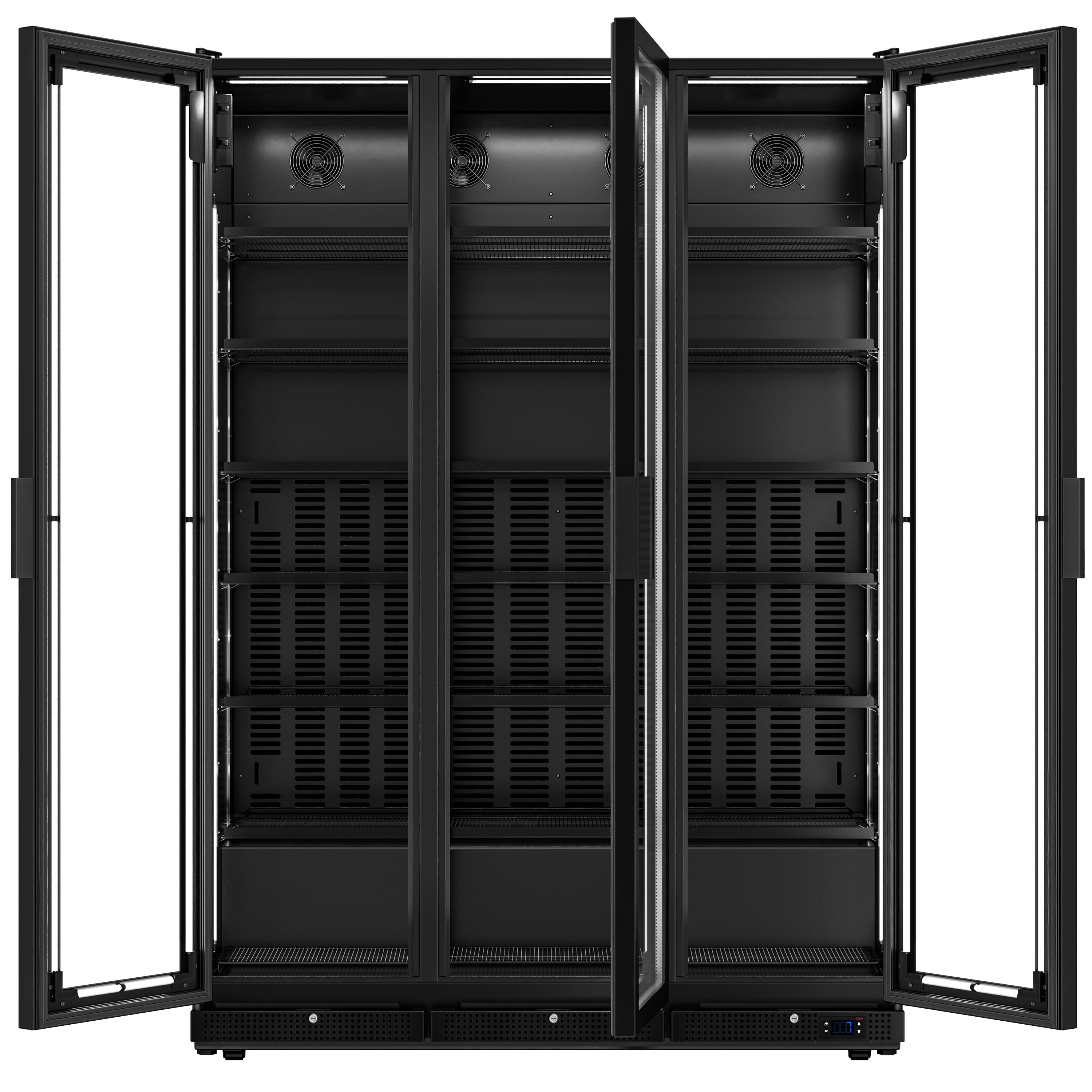 Commercial Beverage Display Fridge - 1500mm - 975 Litres - with 3 hinged glass doors - LED lighting - Temperature range 0 to 7 °C - Black