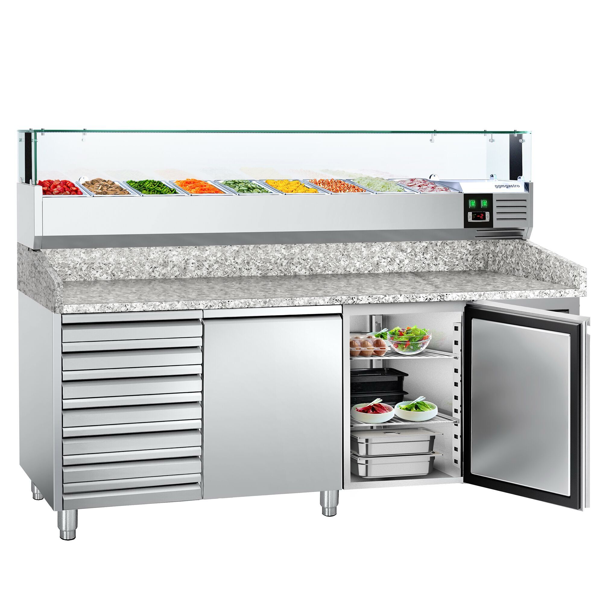 Table réfrigérée pour pizza PREMIUM - 2000 x 800 mm - avec 2 portes & 7 tiroirs - incl. vitrine réfrigérée avec LED - 9 x GN 1/3