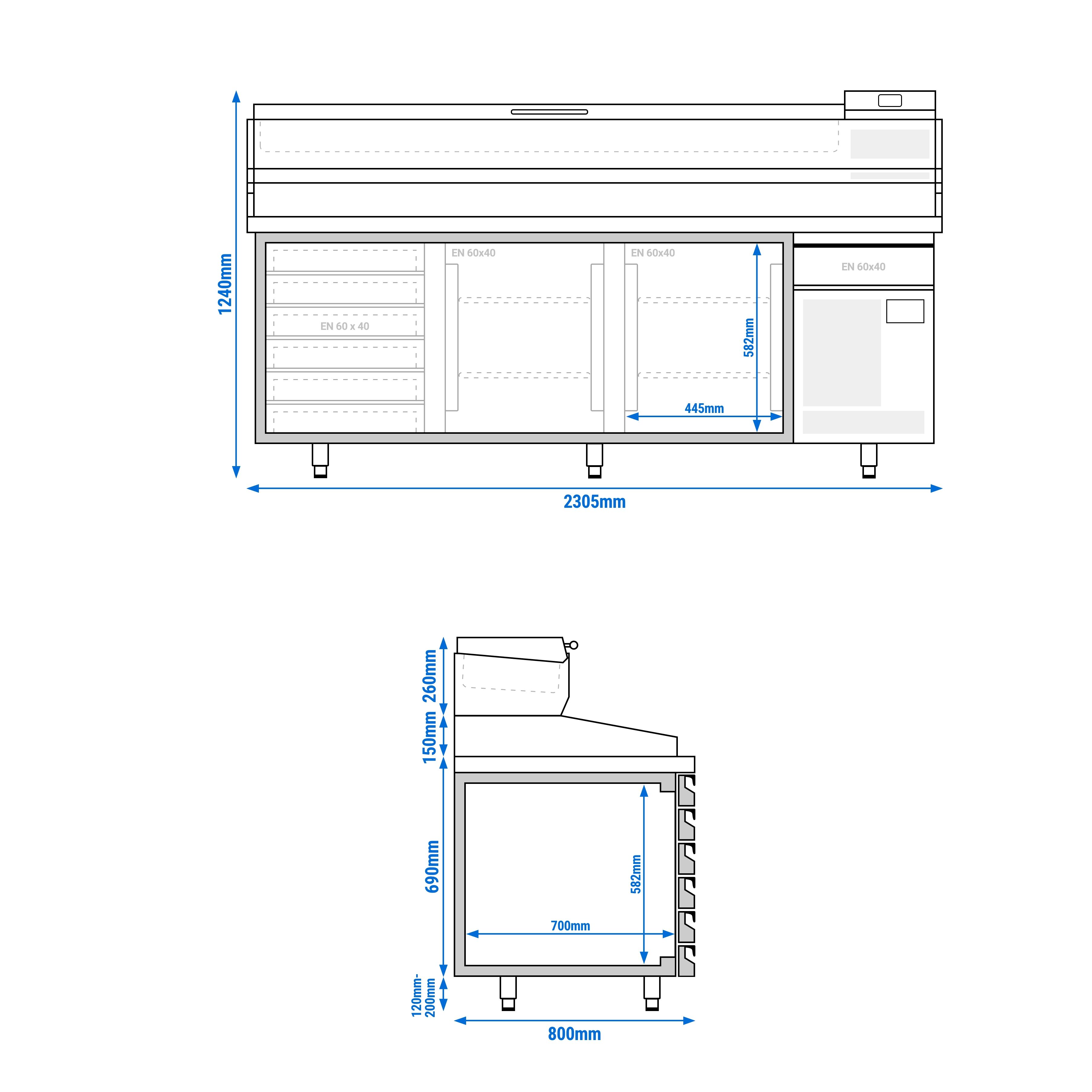 Table réfrigérée à pizza Premium PLUS - 2305x800 mm - avec 2 portes & 7 tiroirs - incl. vitrine réfrigérée pour ingrédients - 11 bacs GN 1/4