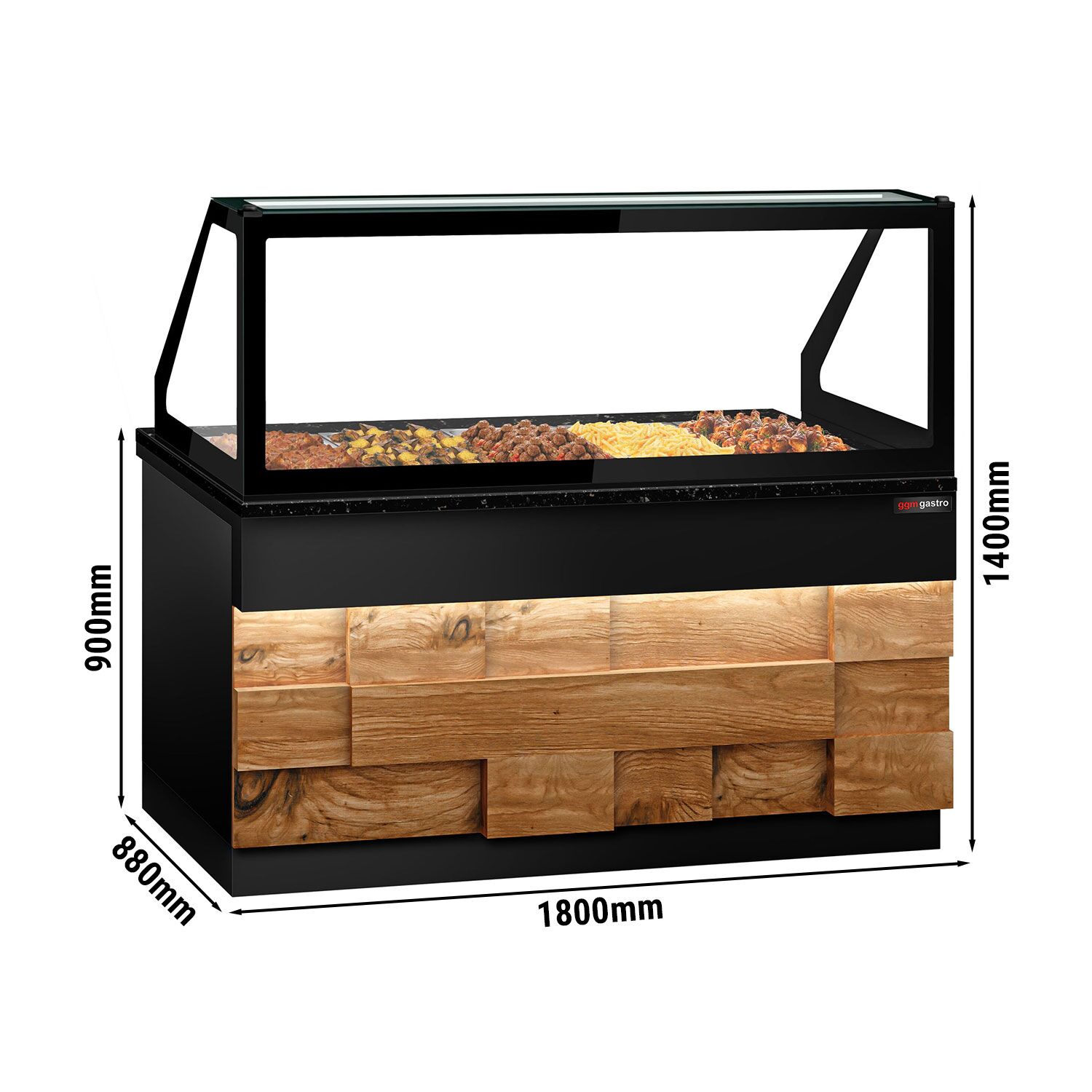 Vitrine chauffante TORONTO – 1800 mm – façade en bois – pour 5 × GN 1/1 – plan de travail en granit noir