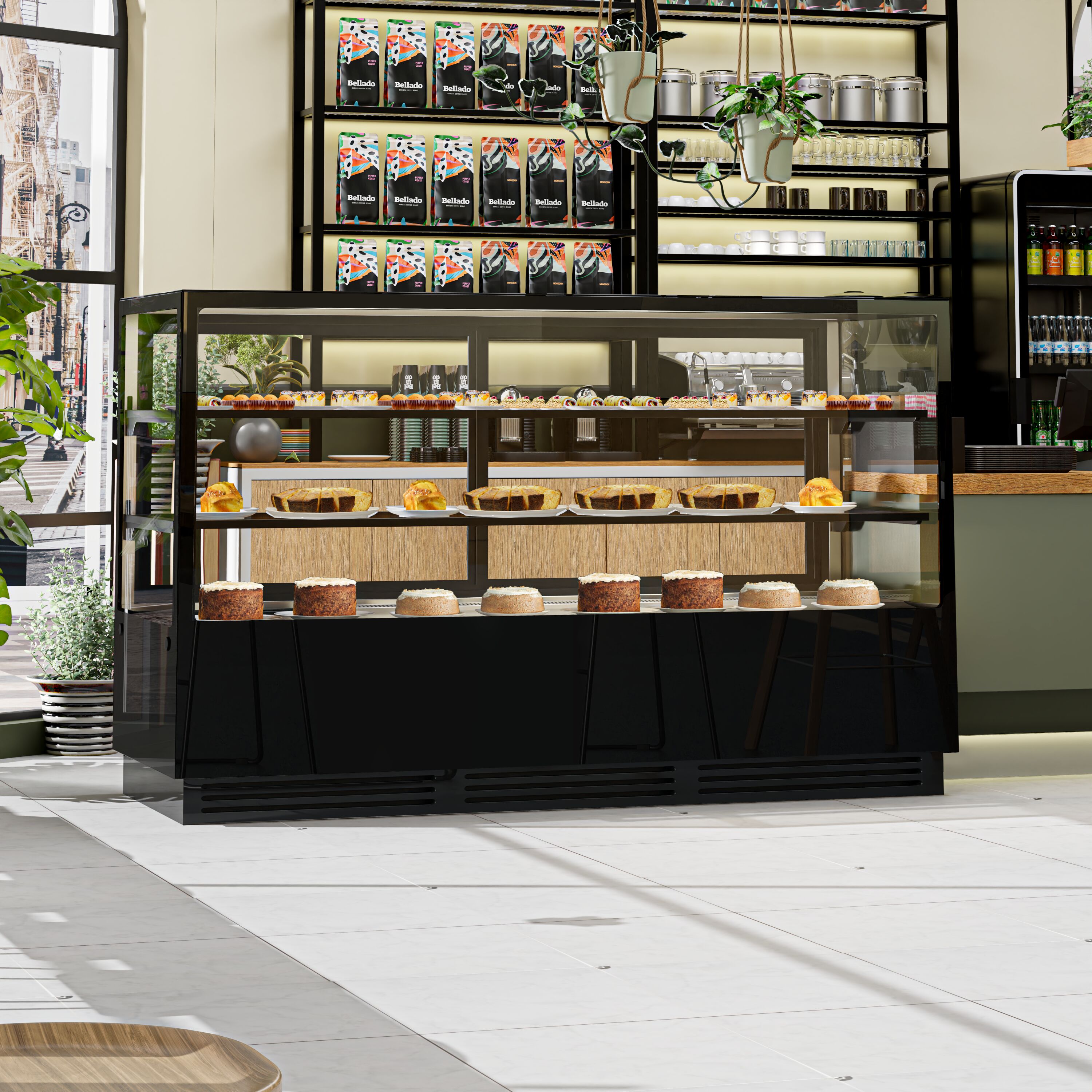 Vetrina pasticceria refrigerata - 782l - 2000mm - Doppio vetro - con 2 ripiani - LED interni; schienale a specchio; porte posteriori scorrevoli - Nero