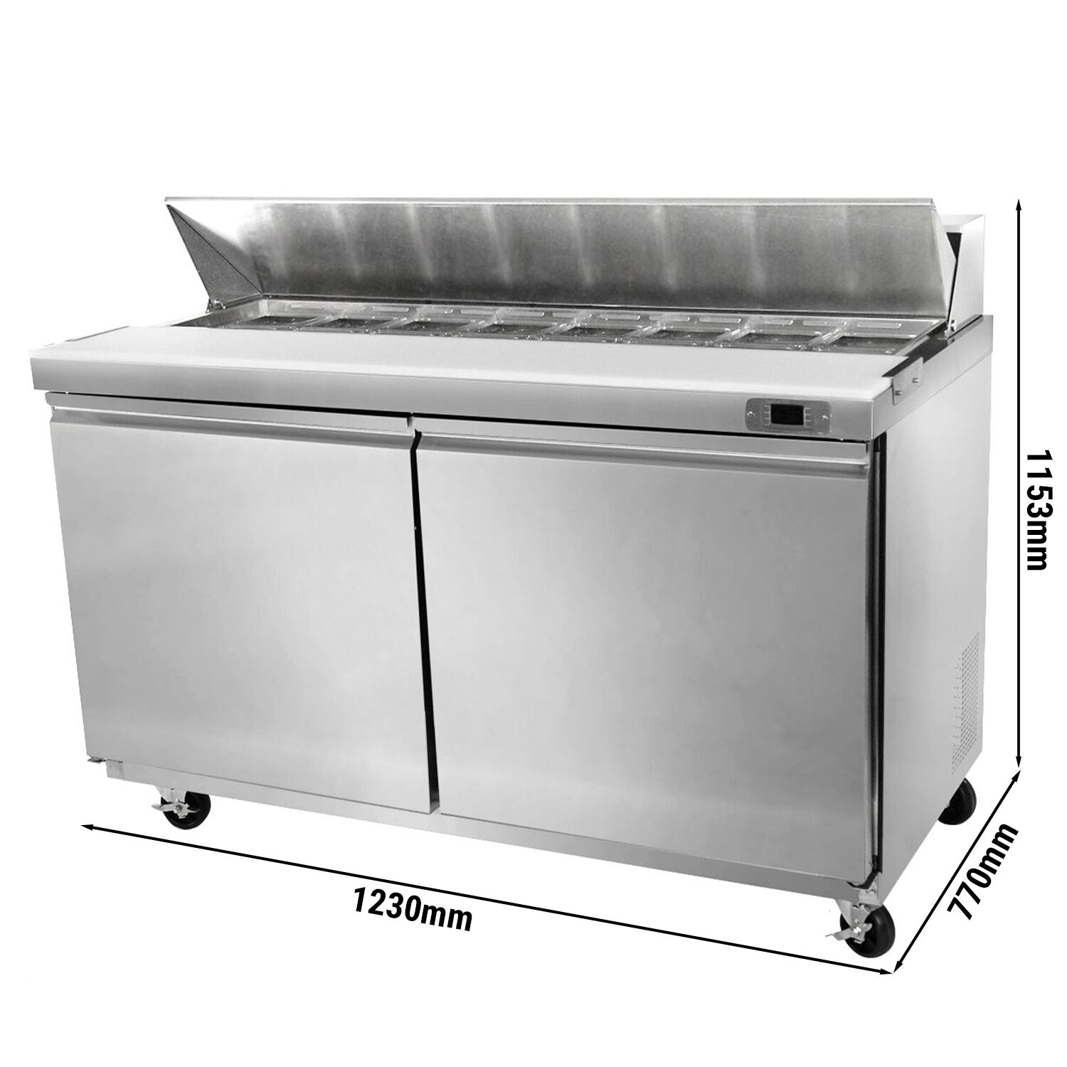 Beredningskylbänk American Style TORONTO PREMIUM - 1230 mm - 1340 l - 2 dörrar - med påsats i rostfritt stål för 12x GN 1/6 - inkl. 12x GN 1/6‑kantiner