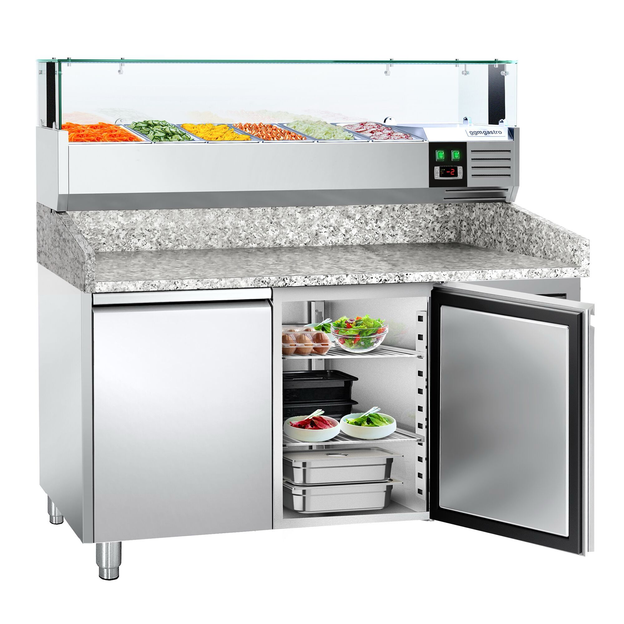 Table réfrigérée pour pizza PREMIUM - 1500 x 800 mm - avec 2 portes - incl. vitrine réfrigérée avec LED - 5 x GN 1/3 + 1 x GN 1/2