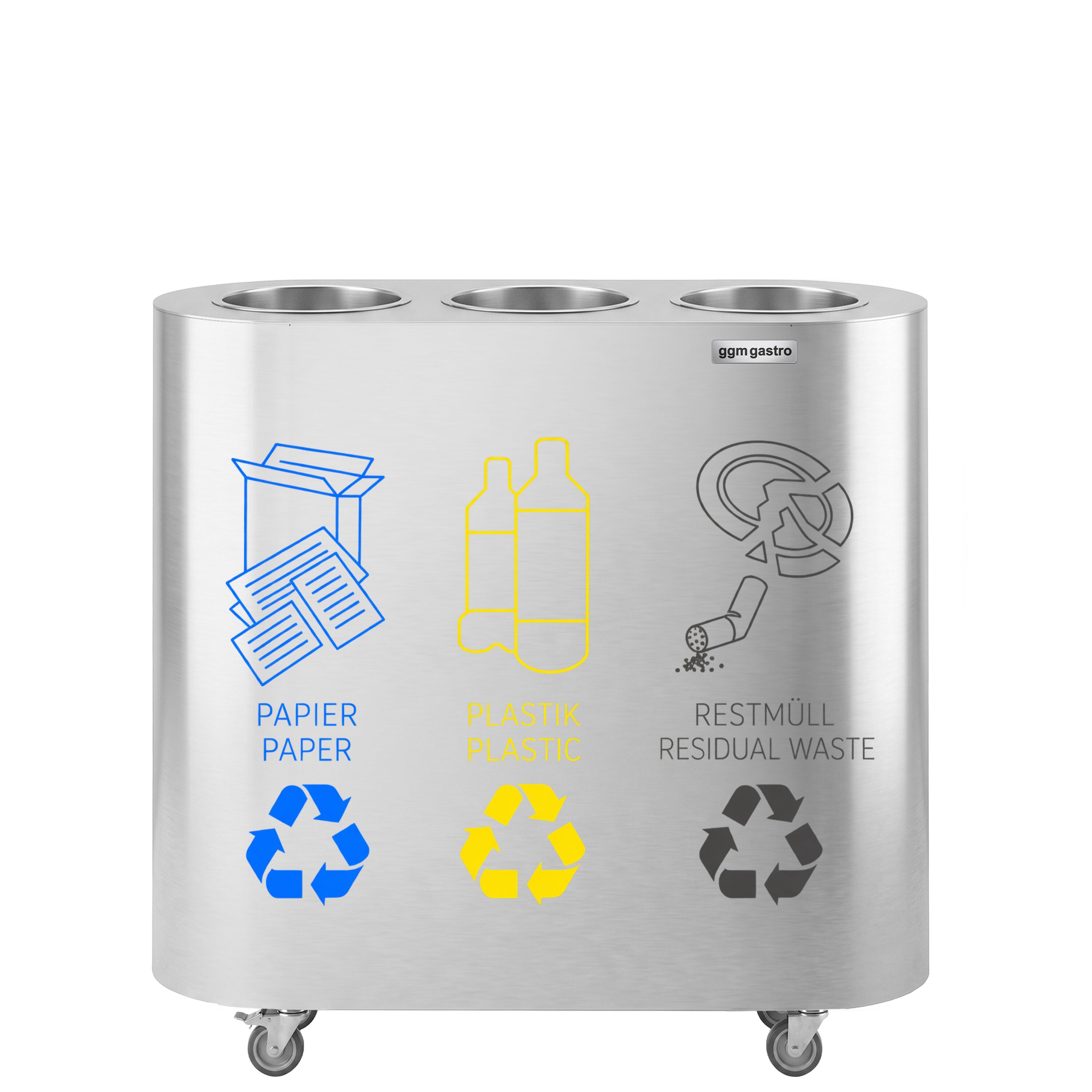Waste sorting system – 3 bins, 30 litres each – stainless steel