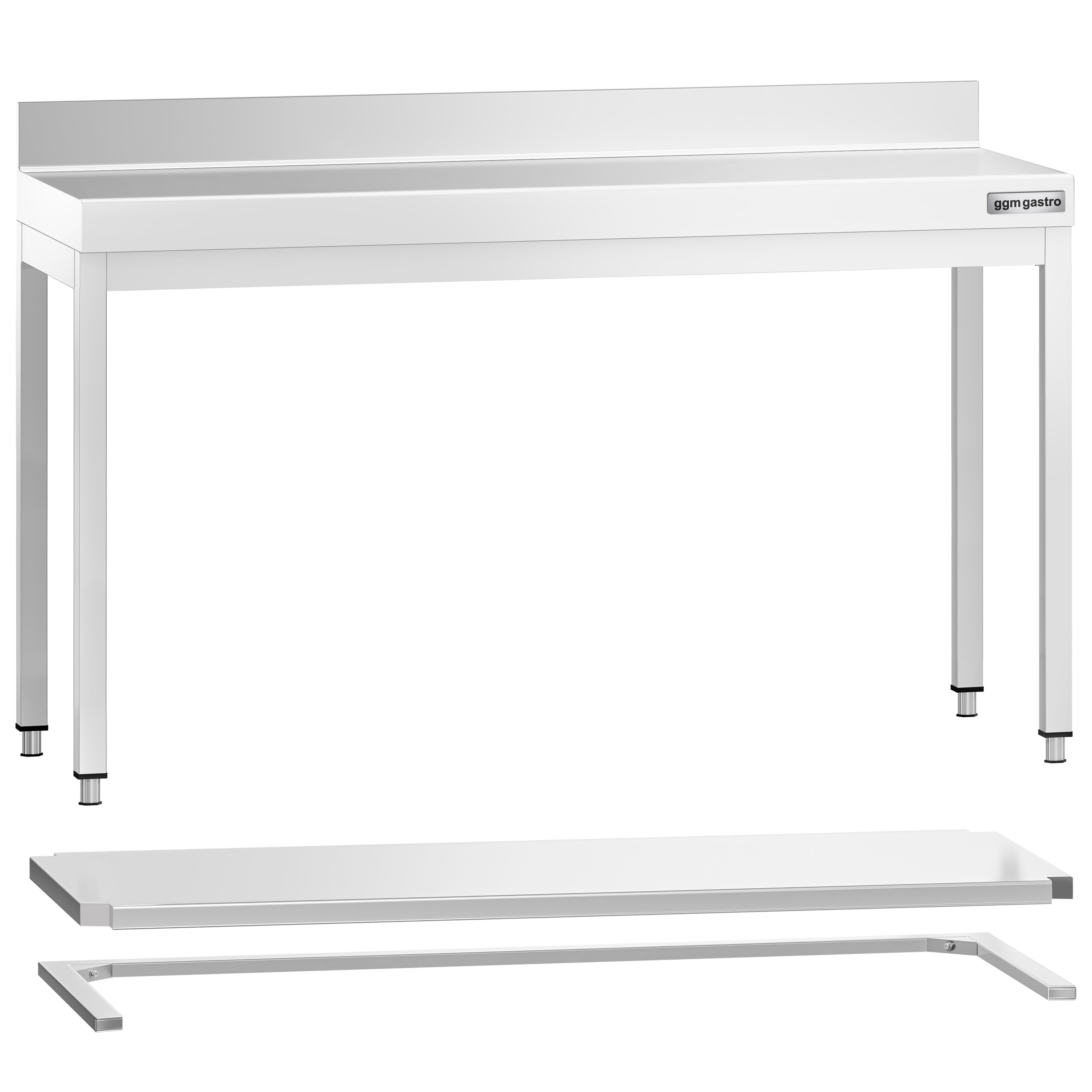 Table de travail en inox PREMIUM – 1500x700 mm – avec tablette inférieure, dosseret et renforts