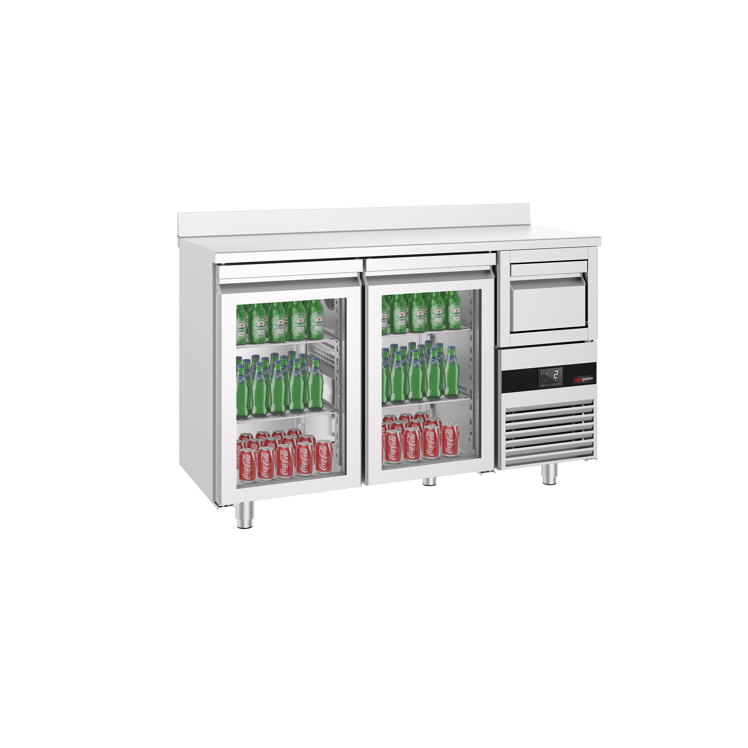 Arrière-bar réfrigéré professionnel PREMIUM - 1580 x 600 mm - avec 2 portes vitrées - avec dosseret - avec tiroir à marc de café