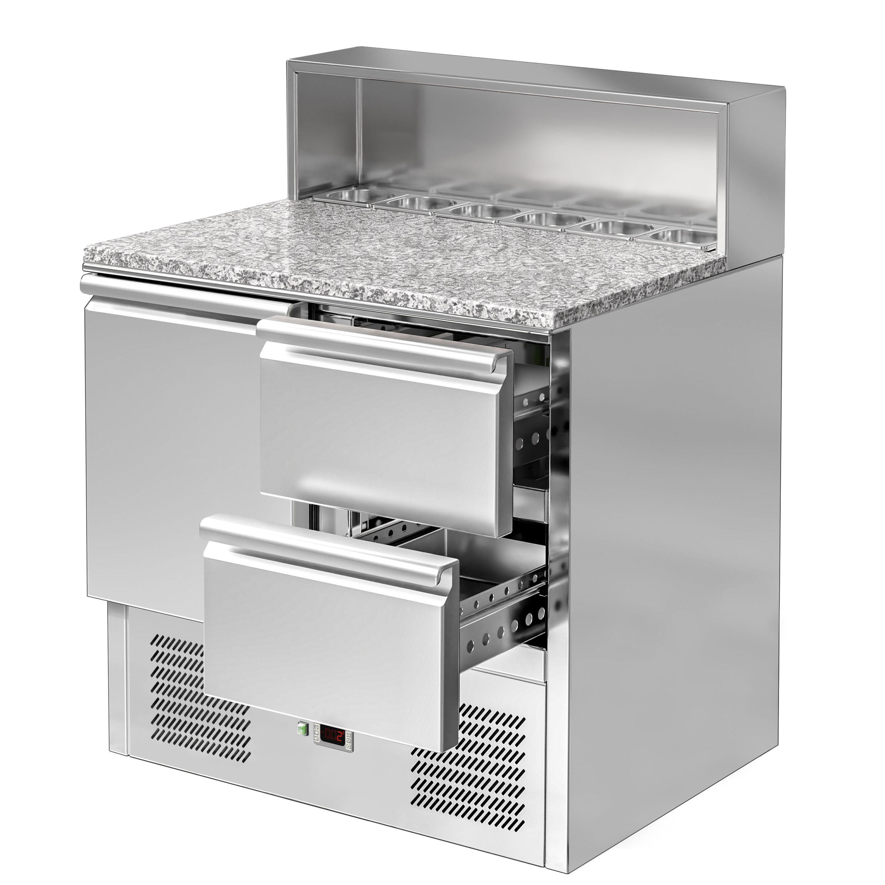 Saladette réfrigérée ECO - 903mm - 240L - 1 porte & 2 tiroirs - avec découpe pour 5x GN 1/6 & Couvercle inox - plan de travail en granit noir