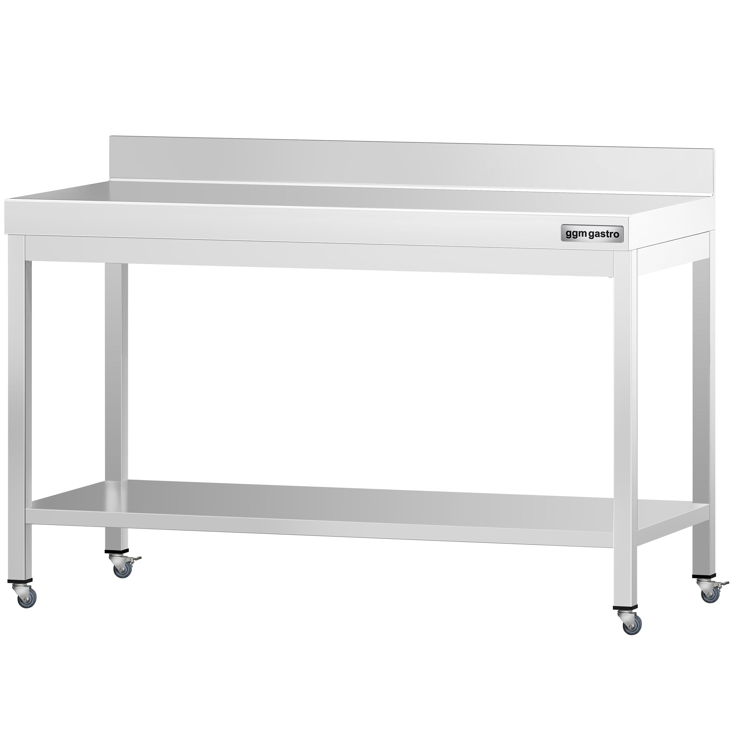 Table de travail en inox PREMIUM - 1400 x 600 mm - avec tablette inférieure, dosseret et roulettes