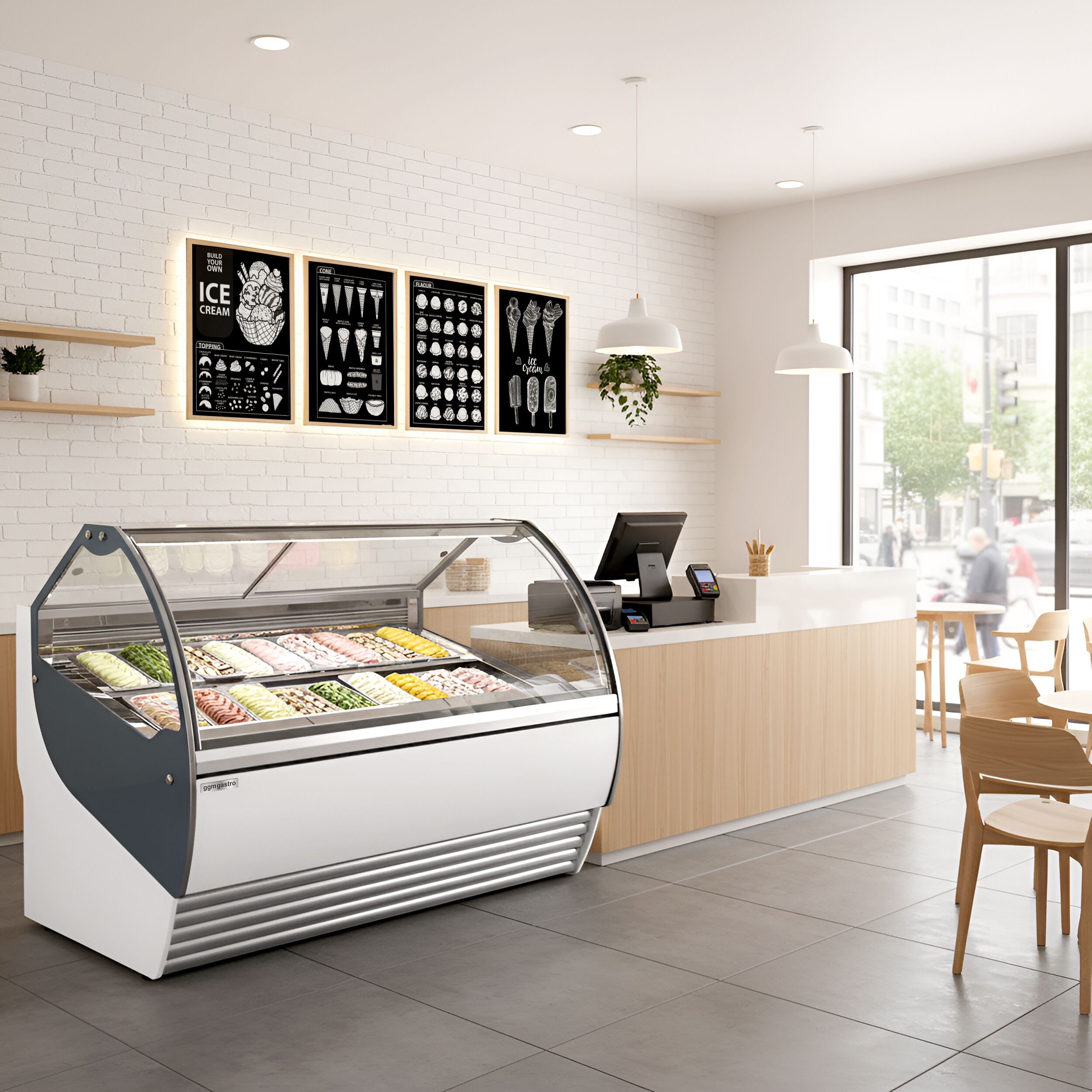 Vitrine à glace NOLAN – 1730 mm – refroidissement ventilé – pour 18 bacs à glace de 5 litres – Blanc