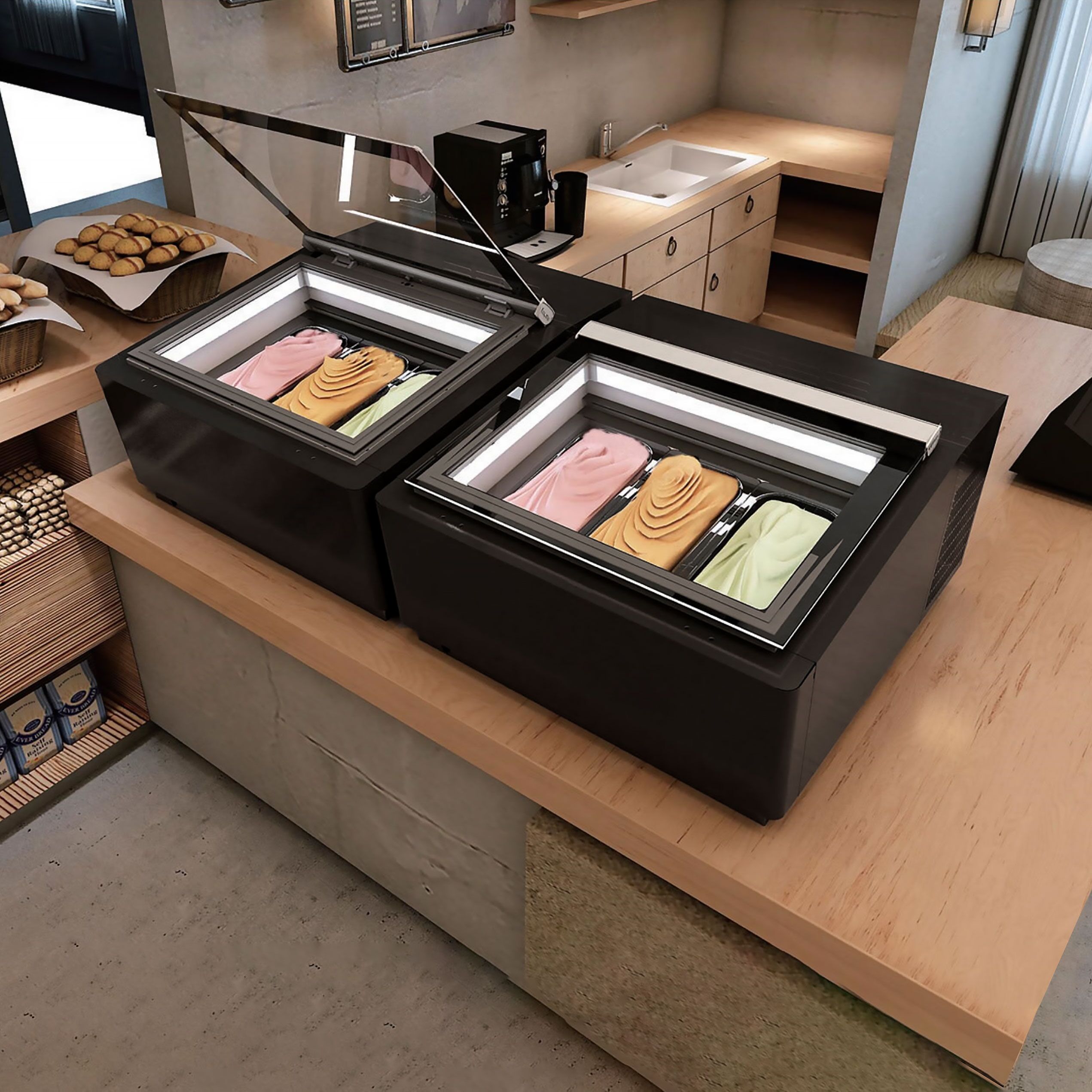 Vitrine à glaces à poser - 670mm - Froid statique - Noir - pour 3 bacs Napoli 5 L - Côté client