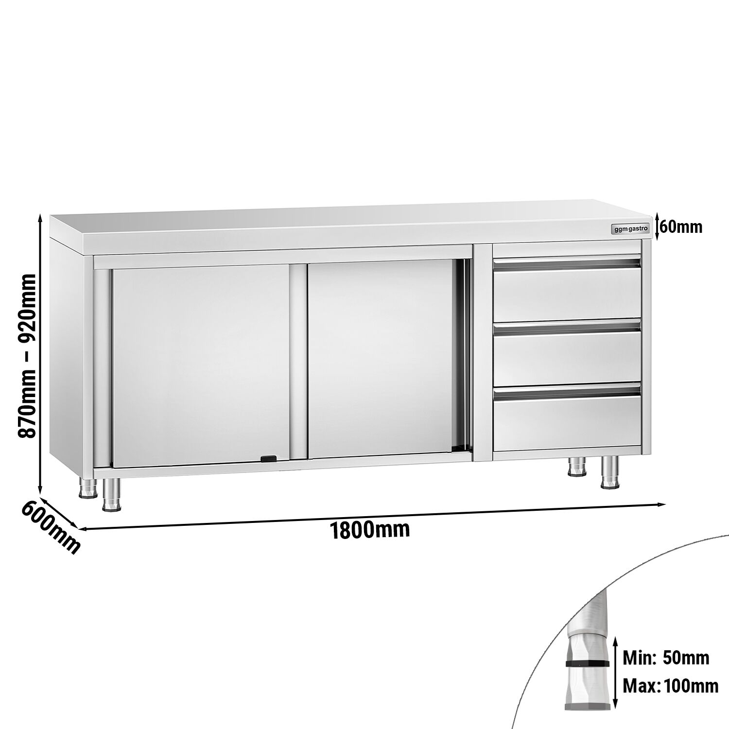 Table armoire en acier inoxydable PREMIUM - 1800x600mm - avec portes coulissantes et 3 tiroirs à droite