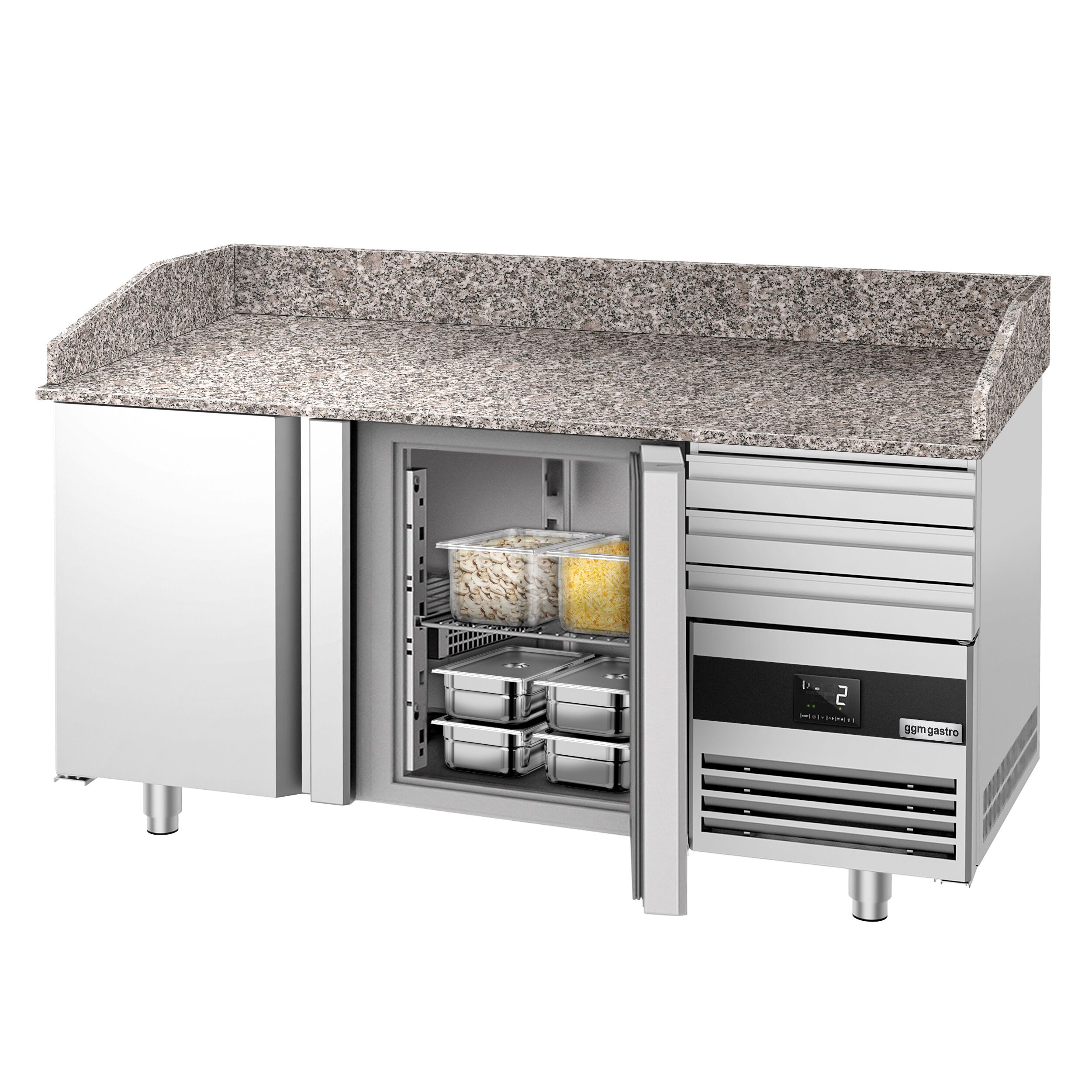 Commercial Pizza Prep Counter - Granite Top PREMIUM - 1600x800mm - with 2 doors & 3 drawers