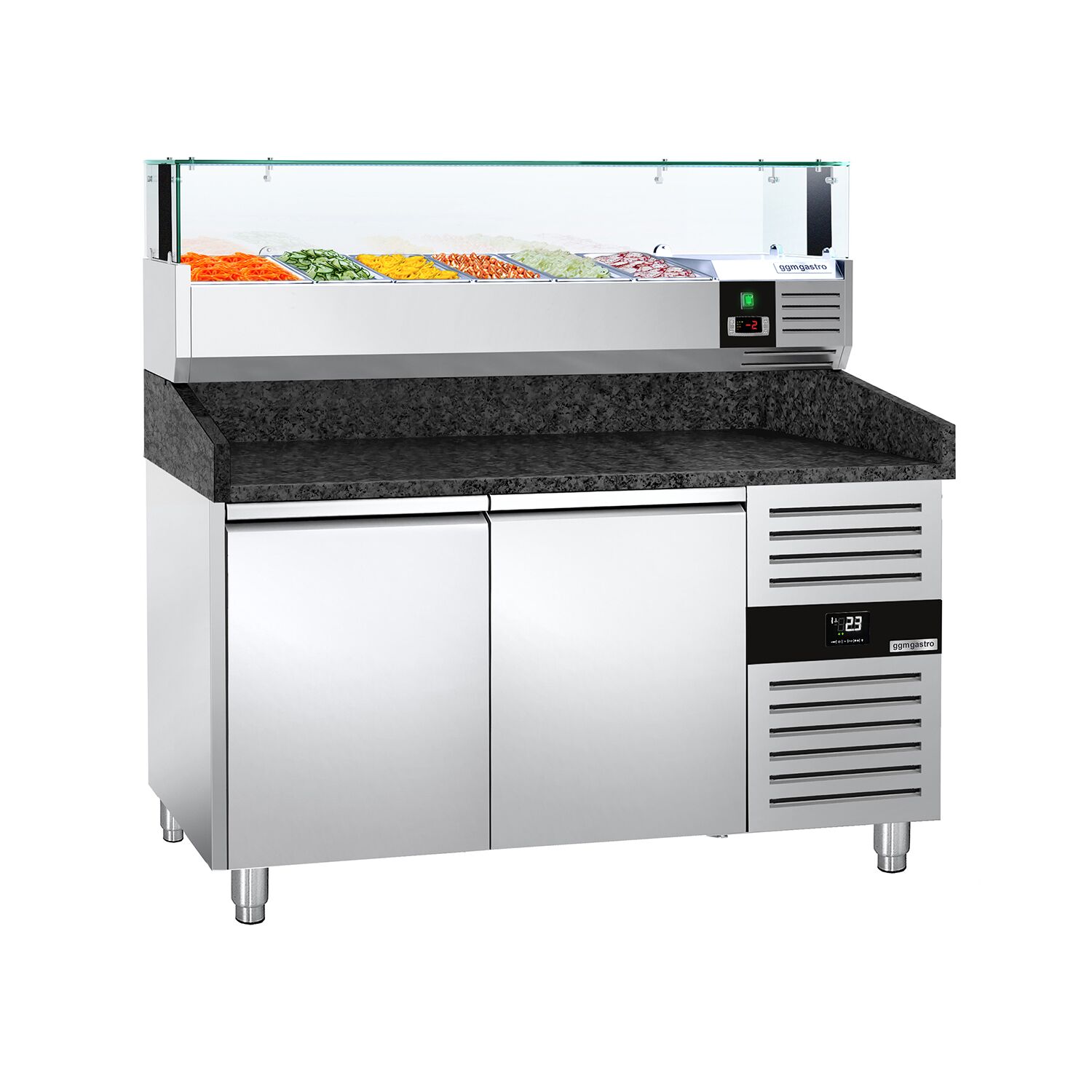 Table réfrigérée à pizza PREMIUM - 1500x800 mm - avec 2 portes - incl. vitrine réfrigérée LED - 5x GN 1/3 + 1x GN 1/2