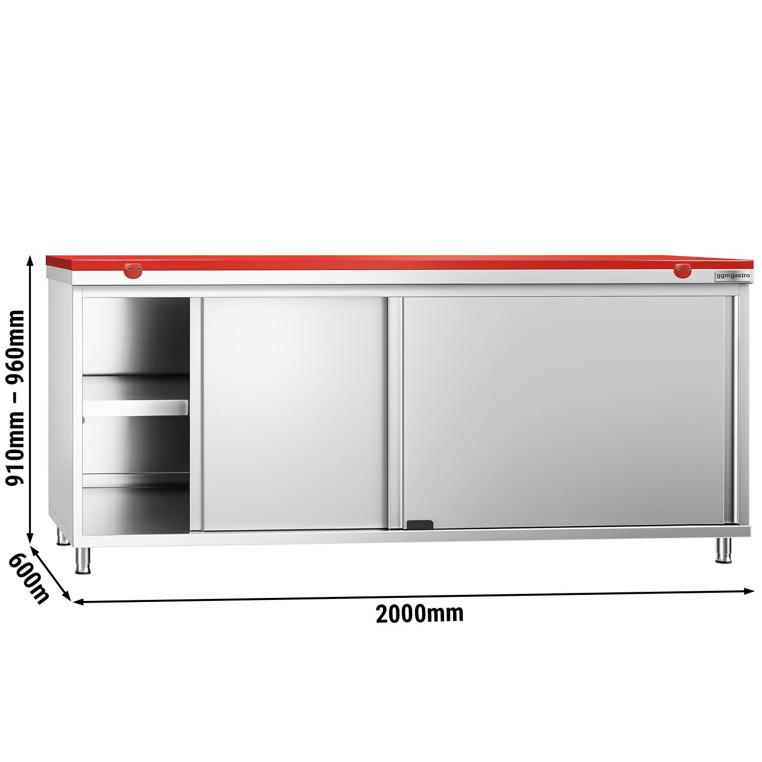 Table armoire en acier inoxydable PREMIUM - 2000x600mm - avec portes coulissantes - pour viande crue - incl. plateau de découpe Rouge PEHD (HACCP)