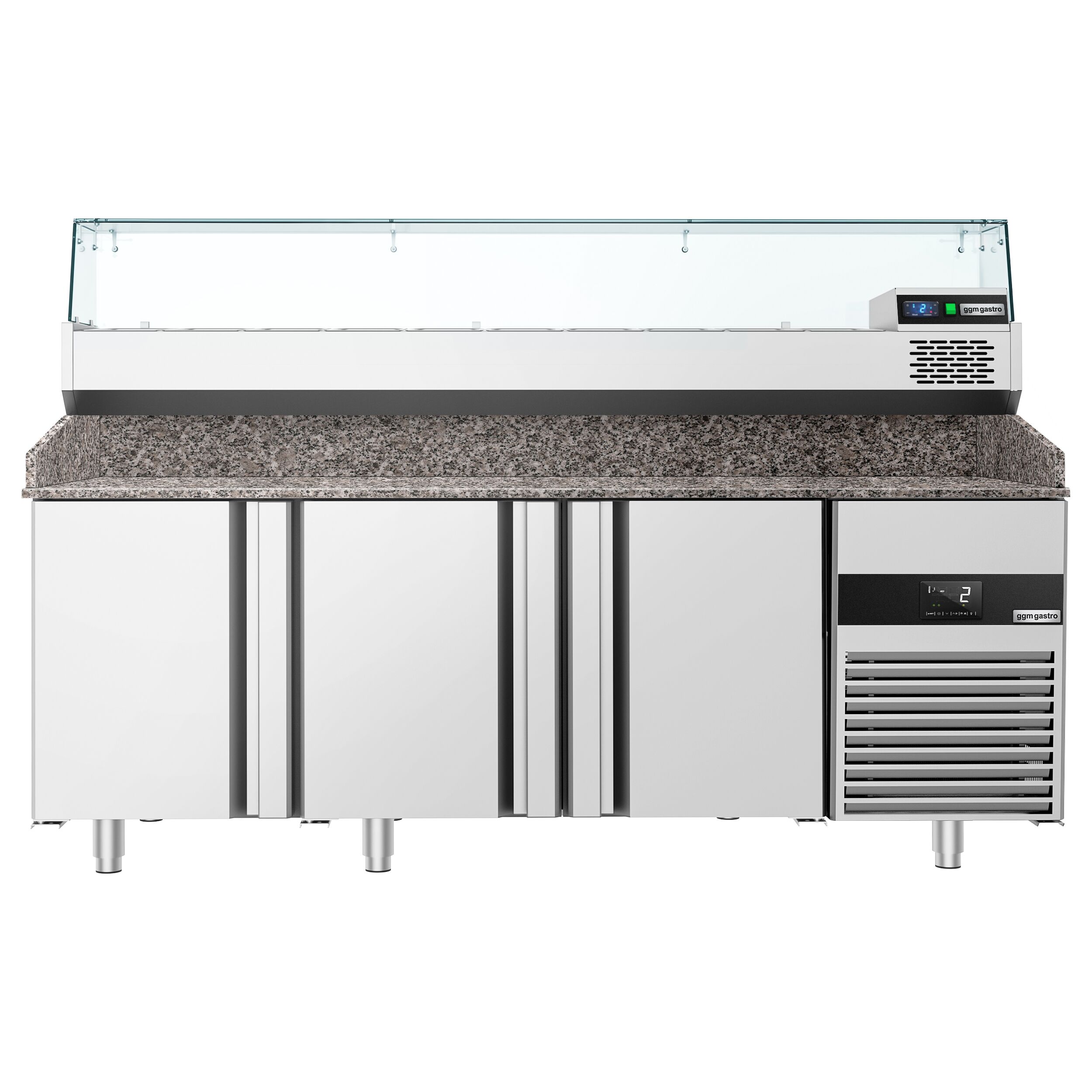 Table réfrigérée à pizza PREMIUM - 2100x800 mm - avec 3 portes - incl. vitrine réfrigérée - 10x GN 1/3