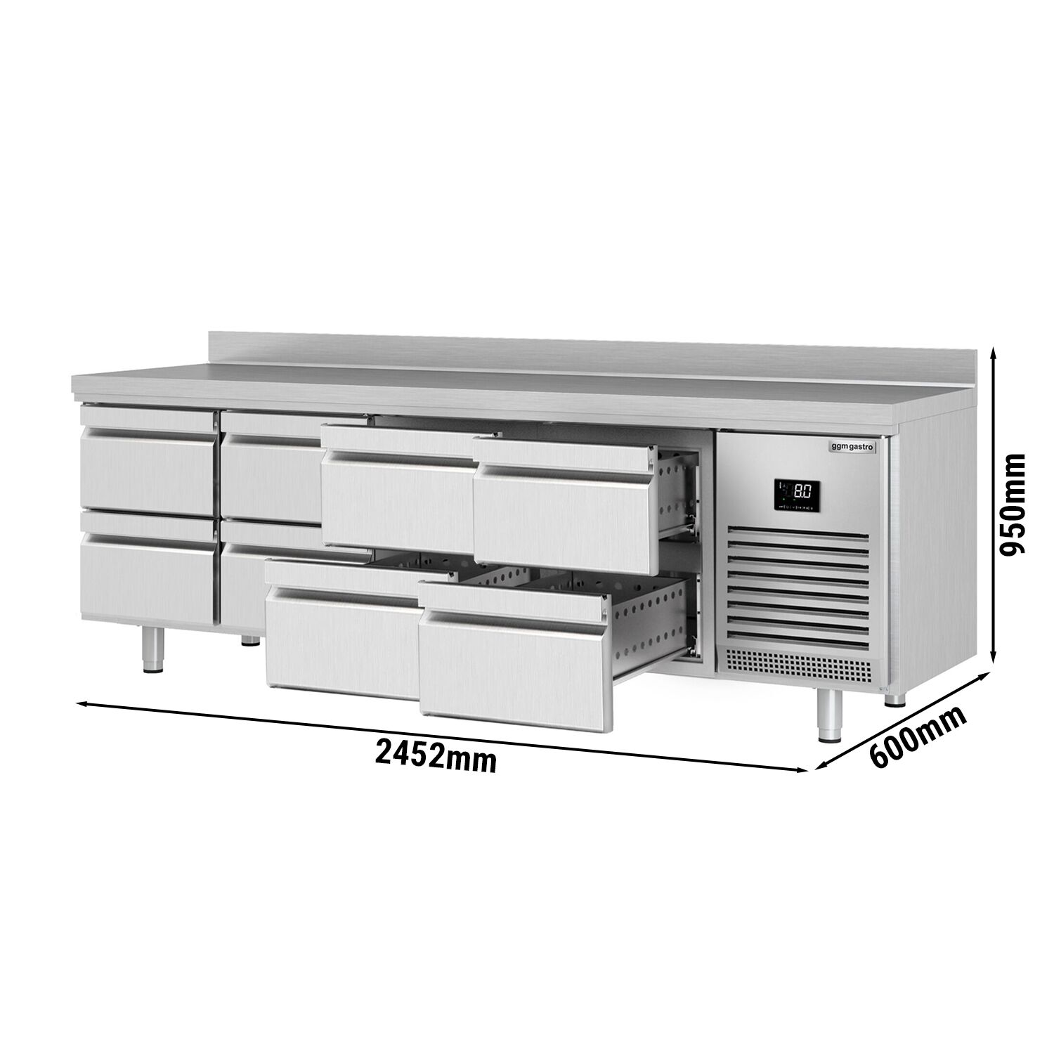 Table réfrigérée Premium PLUS - 2452 x 600 mm - 8 tiroirs - avec dosseret