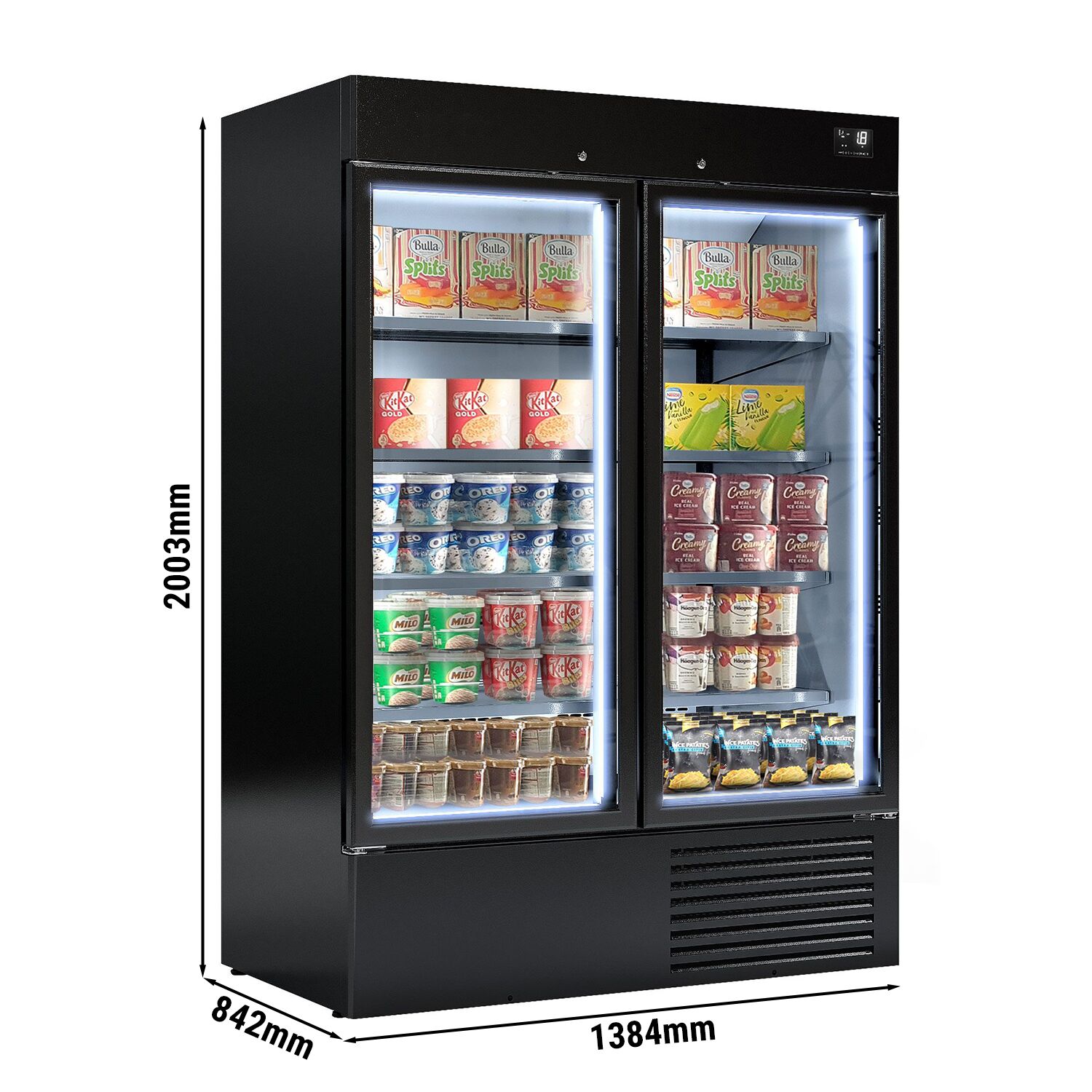 Upright Display Freezer - 1310L - with 2 glass sliding doors - Black