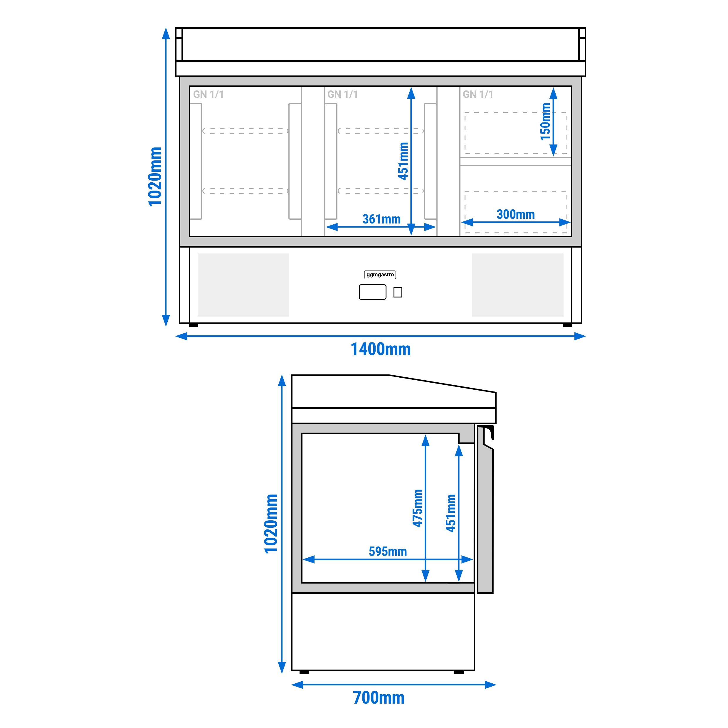 Banco pizza refrigerato PREMIUM - 1400x700mm - con 2 porte & 2 cassetti - piano in granito