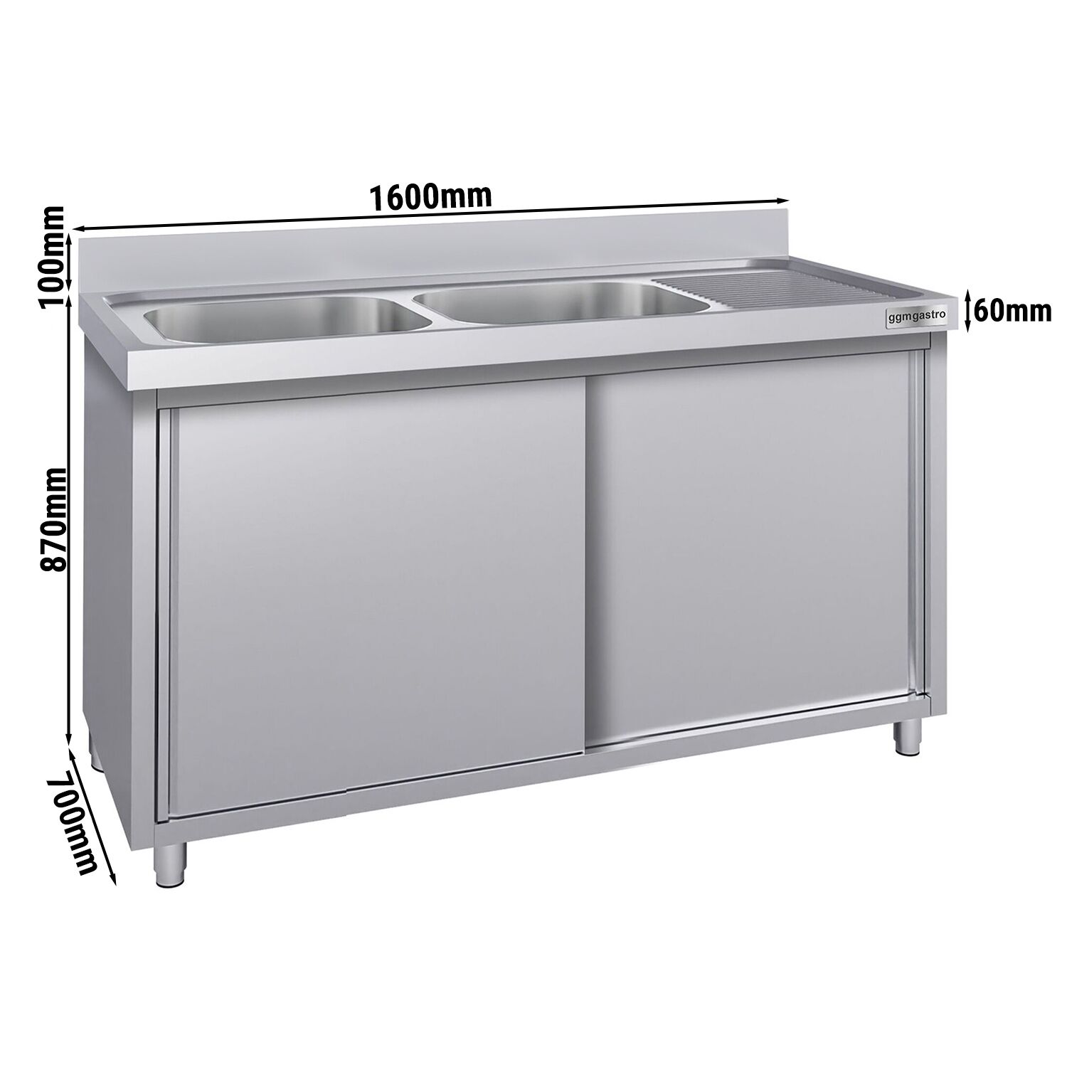 Meuble évier ECO - 1600 x 700 mm - avec 2 bacs à gauche