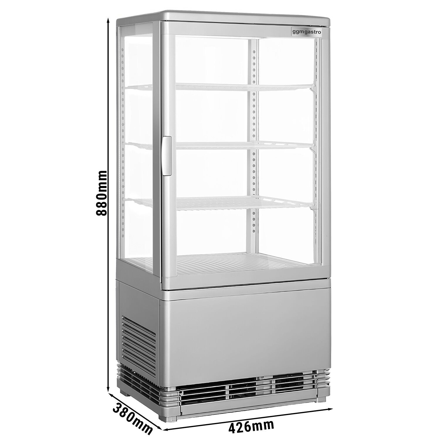 Vitrine réfrigérée 4 faces vitrées / Vitrine panoramique de table – 68 litres – 420 mm – 3 étagères – Argent