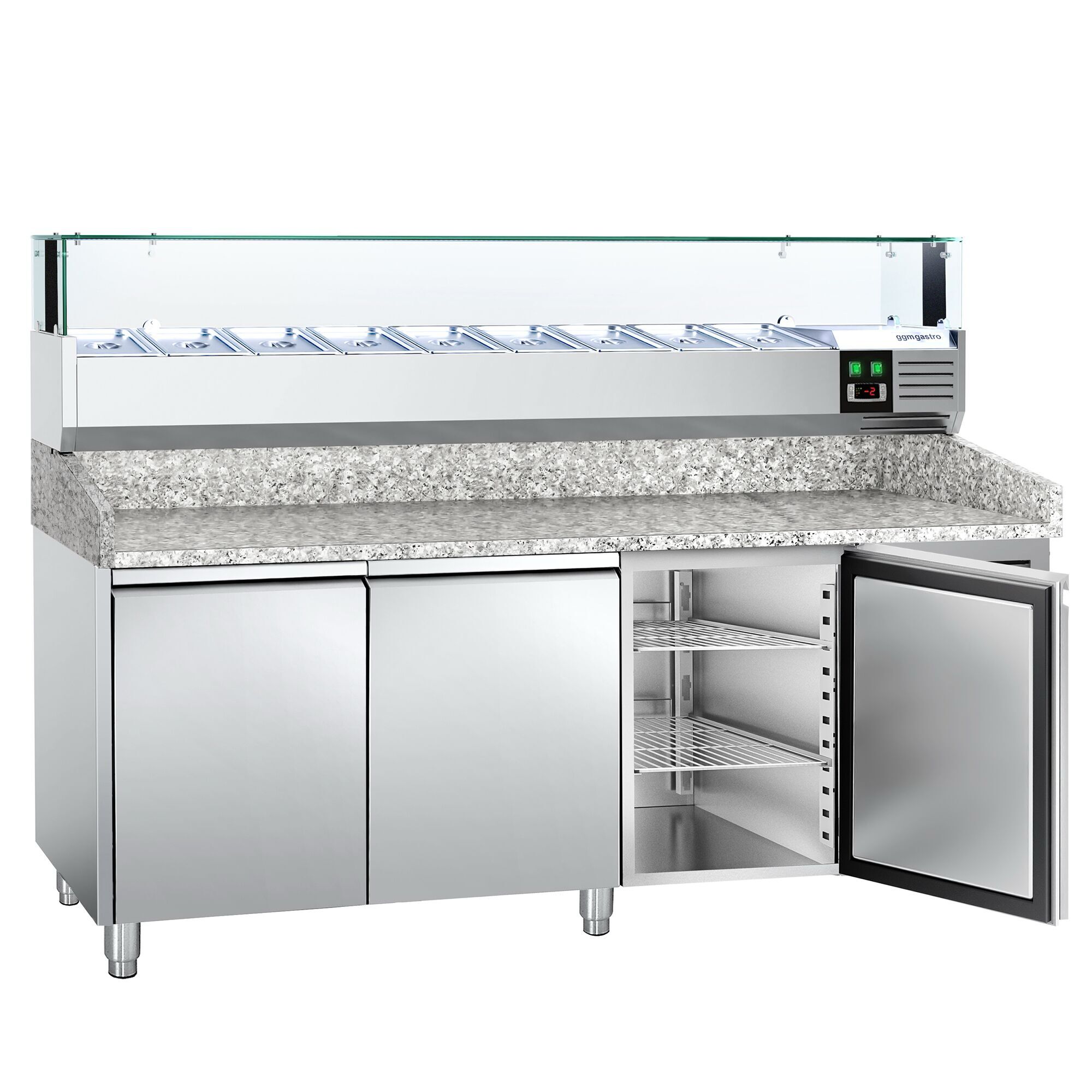 Table réfrigérée pour pizza PREMIUM - 2000 x 800 mm - avec 3 portes - incl. vitrine réfrigérée avec LED - 9 x GN 1/3