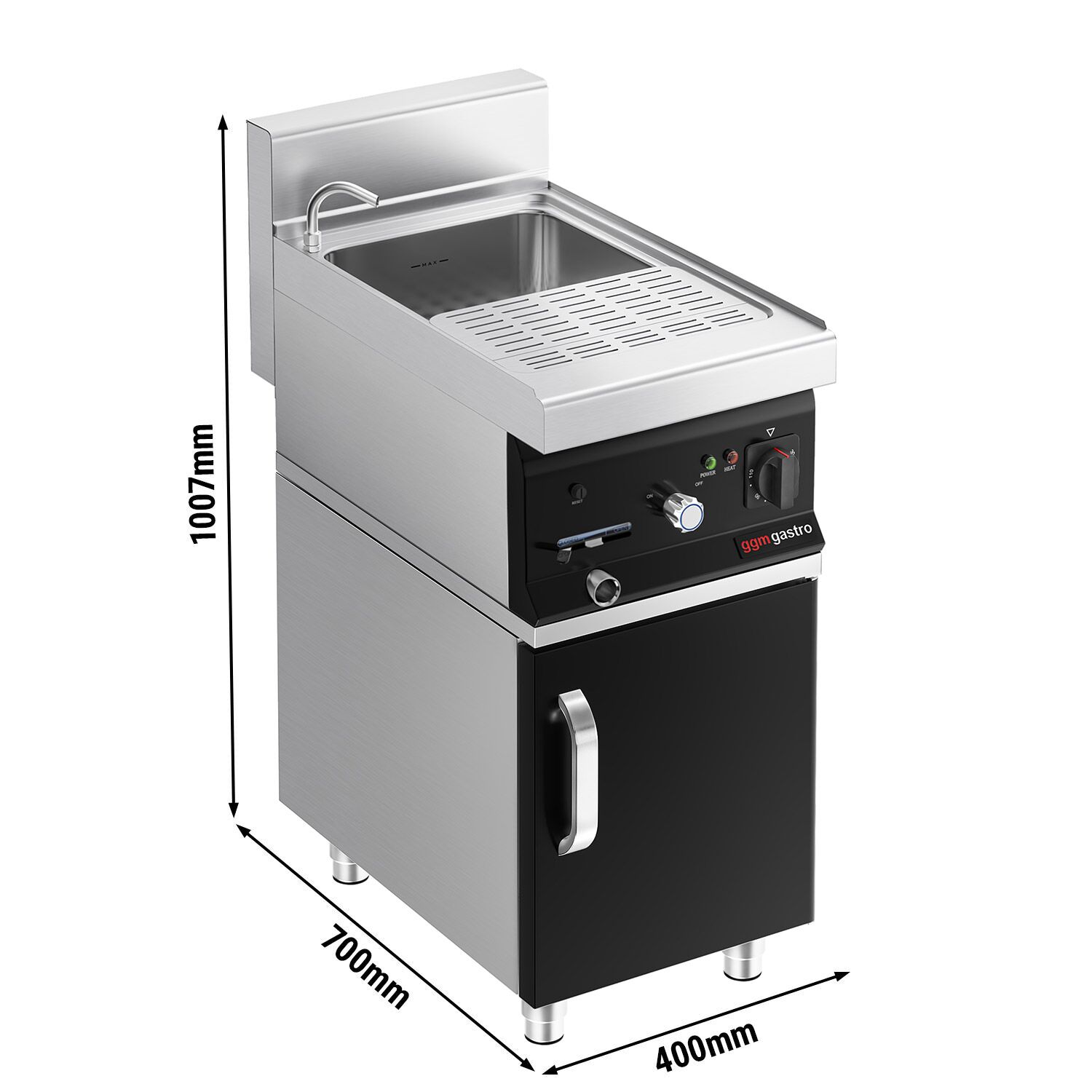 Cuiseur à pâtes électrique avec robinet – 26 L – 6 kW – incl. soubassement avec 1 porte