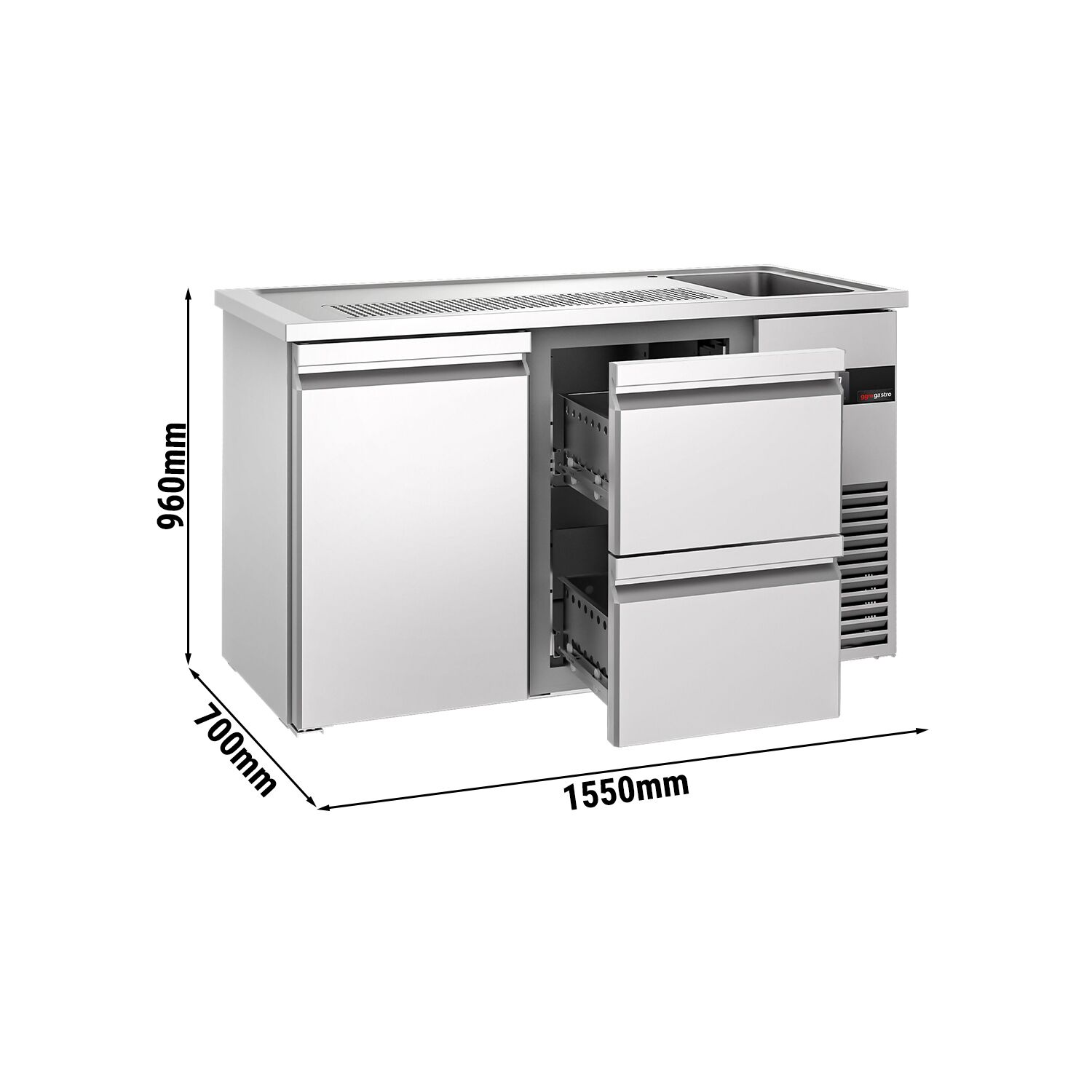 Comptoir de bar réfrigéré PREMIUM - 1550x700 mm - 1 porte et 2 tiroirs