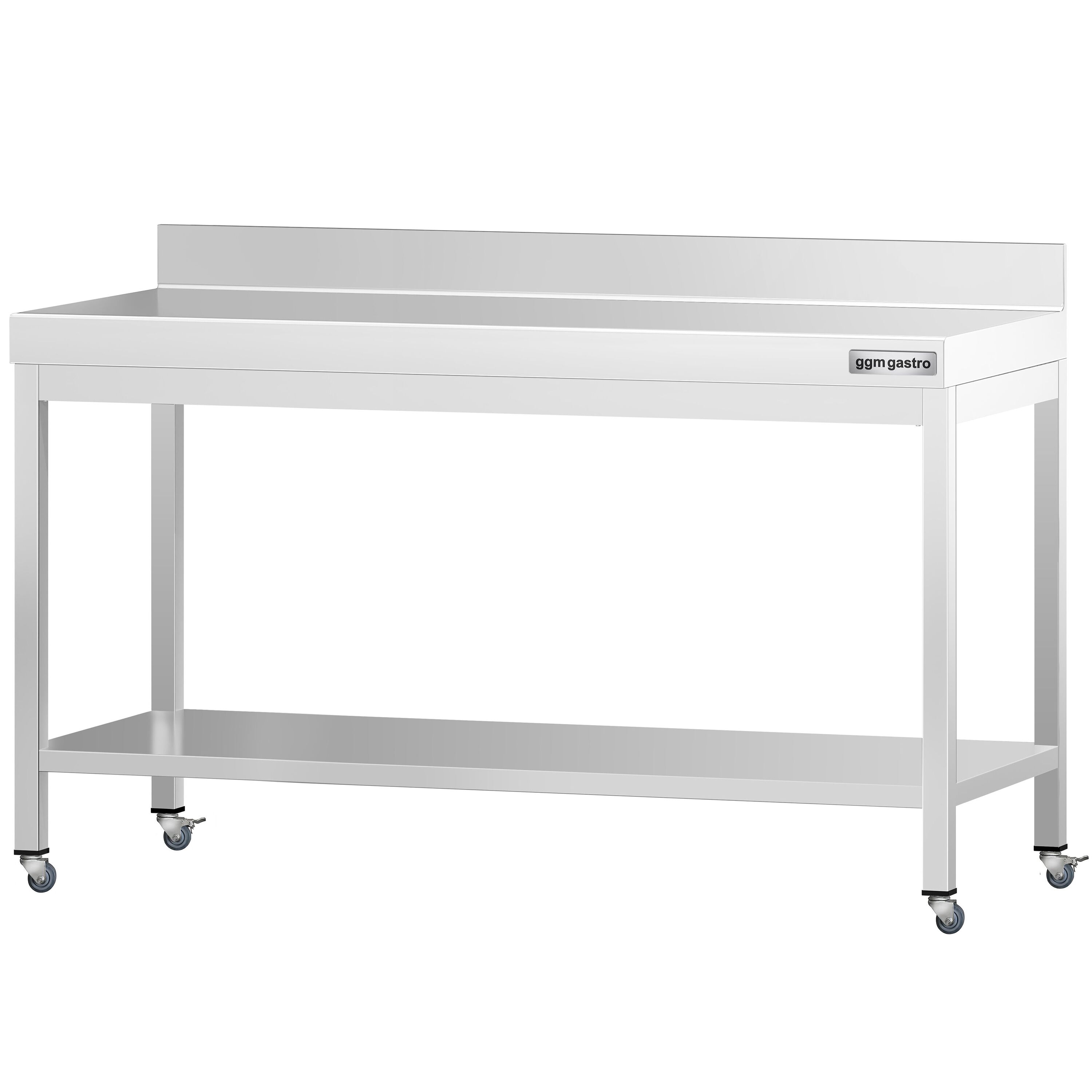 Table de travail en inox PREMIUM - 1600 x 600 mm - avec tablette inférieure, dosseret et roulettes
