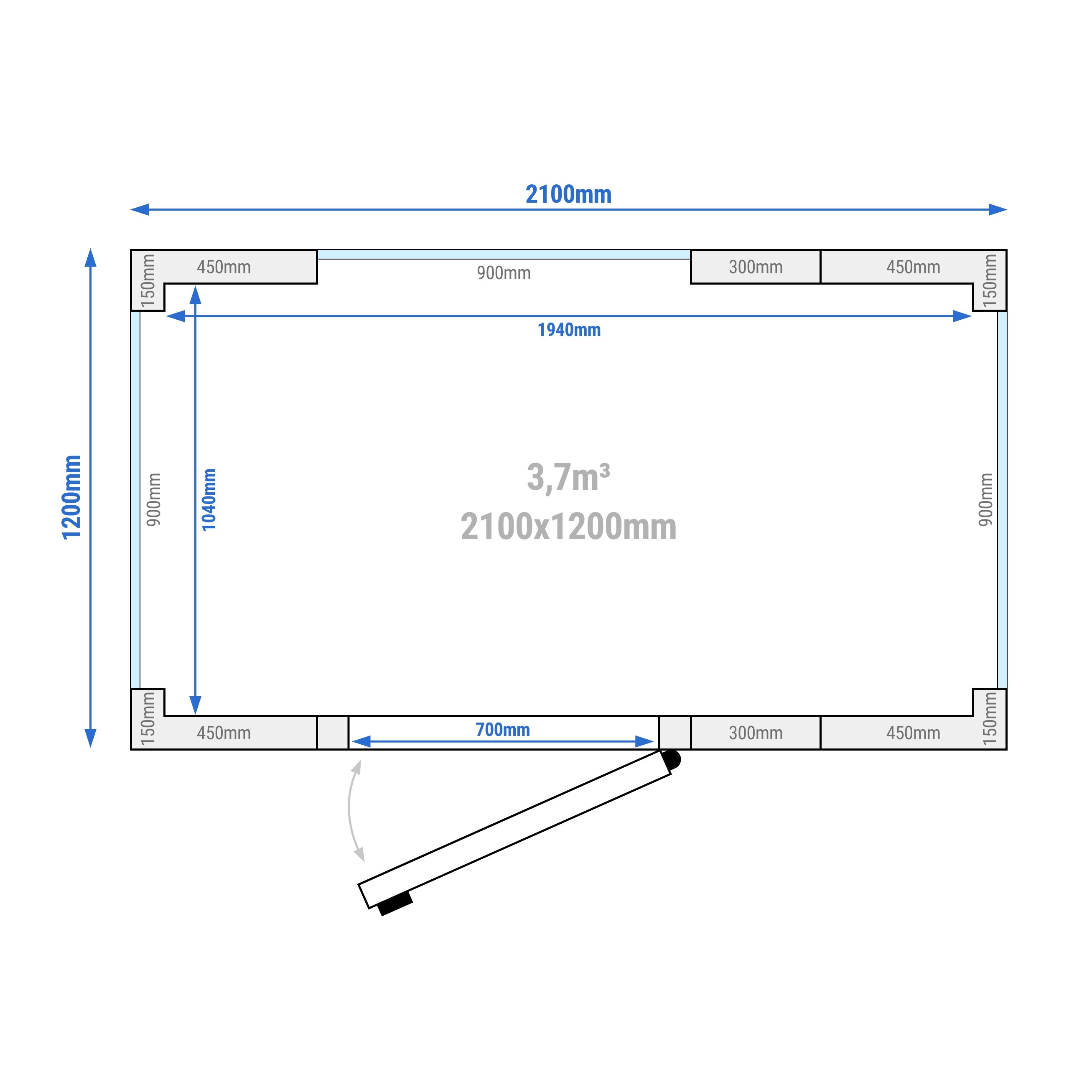 Chambre froide - 2100 x 1200 mm - 3,7 m³ - avec 3 côtés en verre
