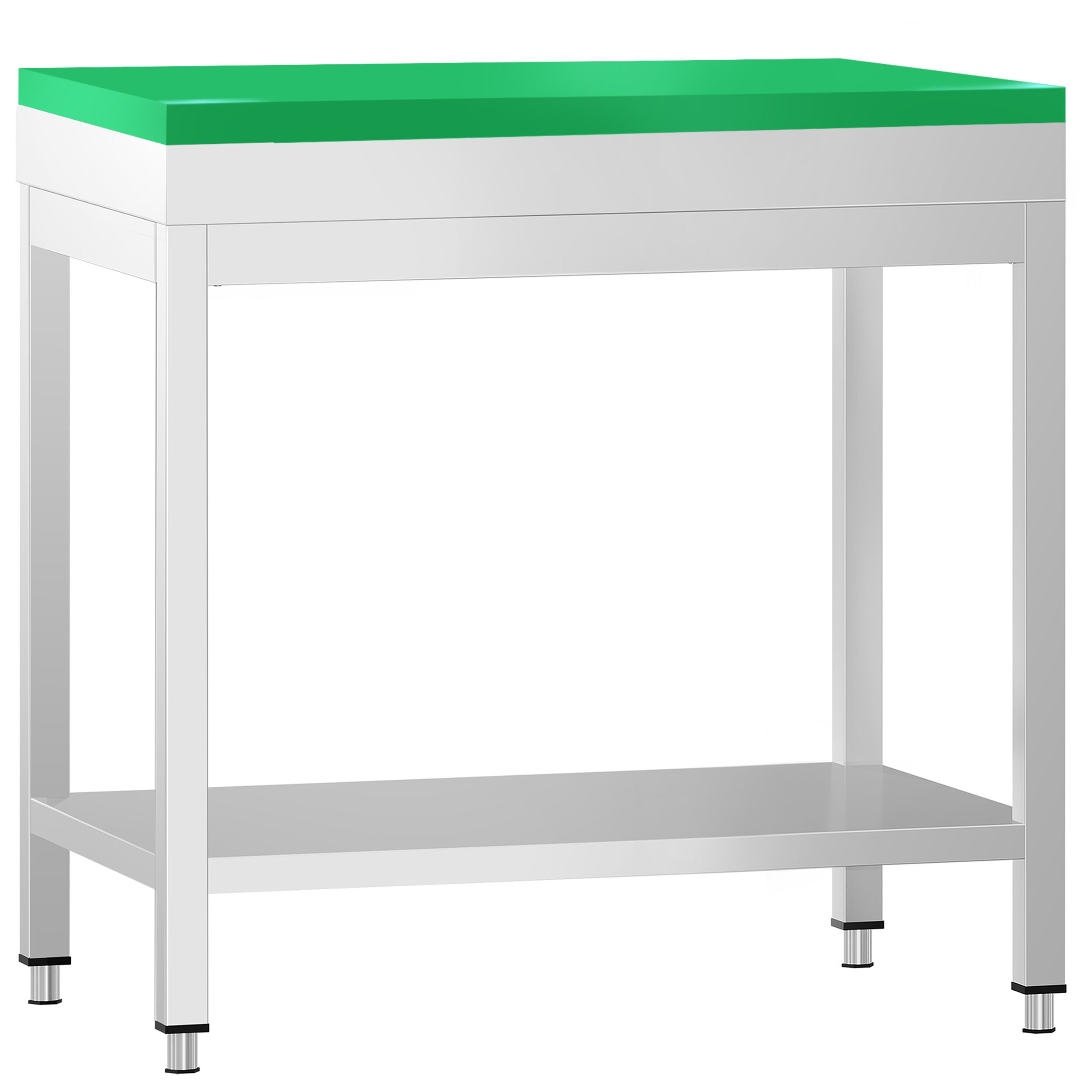 Stół roboczy centralny ze stali nierdzewnej PREMIUM - 600x600mm - z półką - z deską do krojenia Zielony