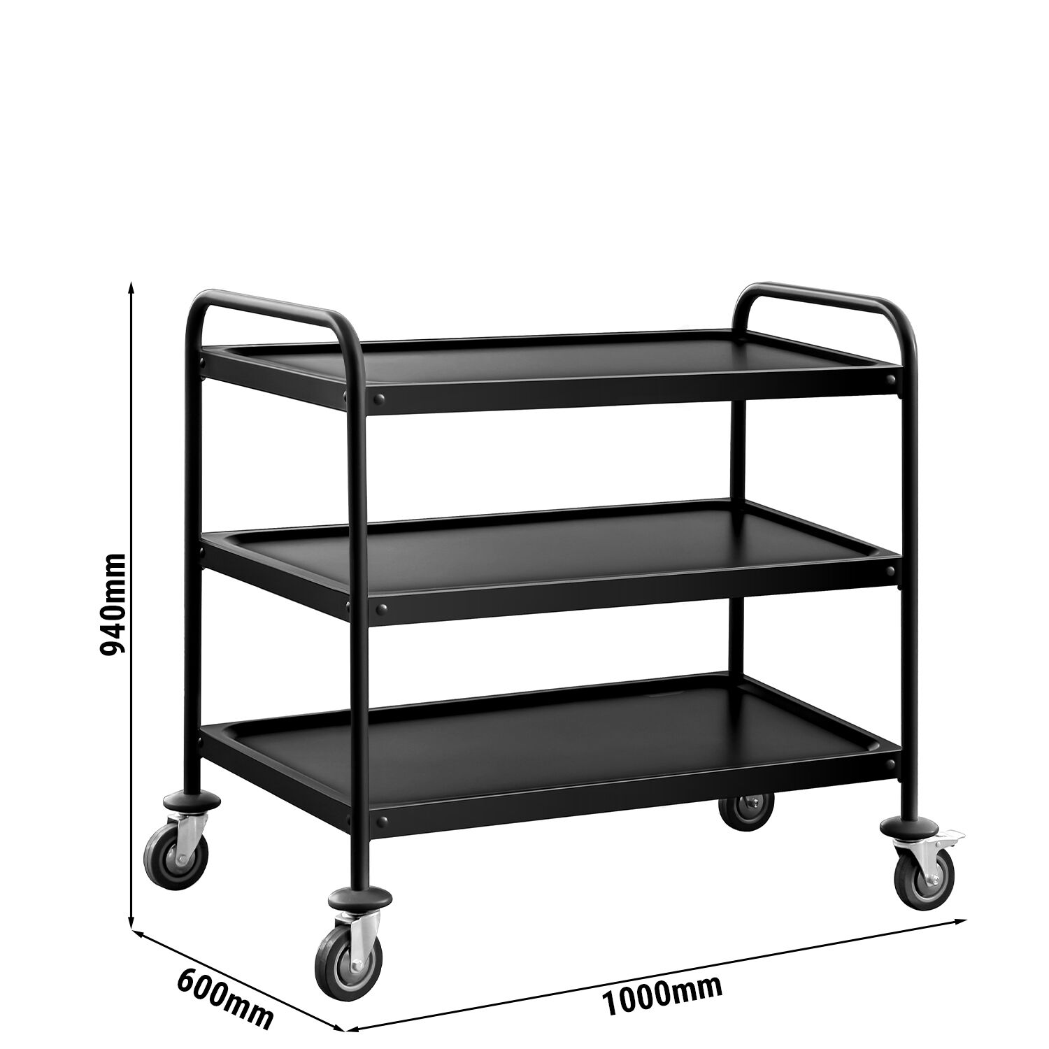 Chariot de service – 1000x600 mm – avec 3 surfaces de rangement – Noir