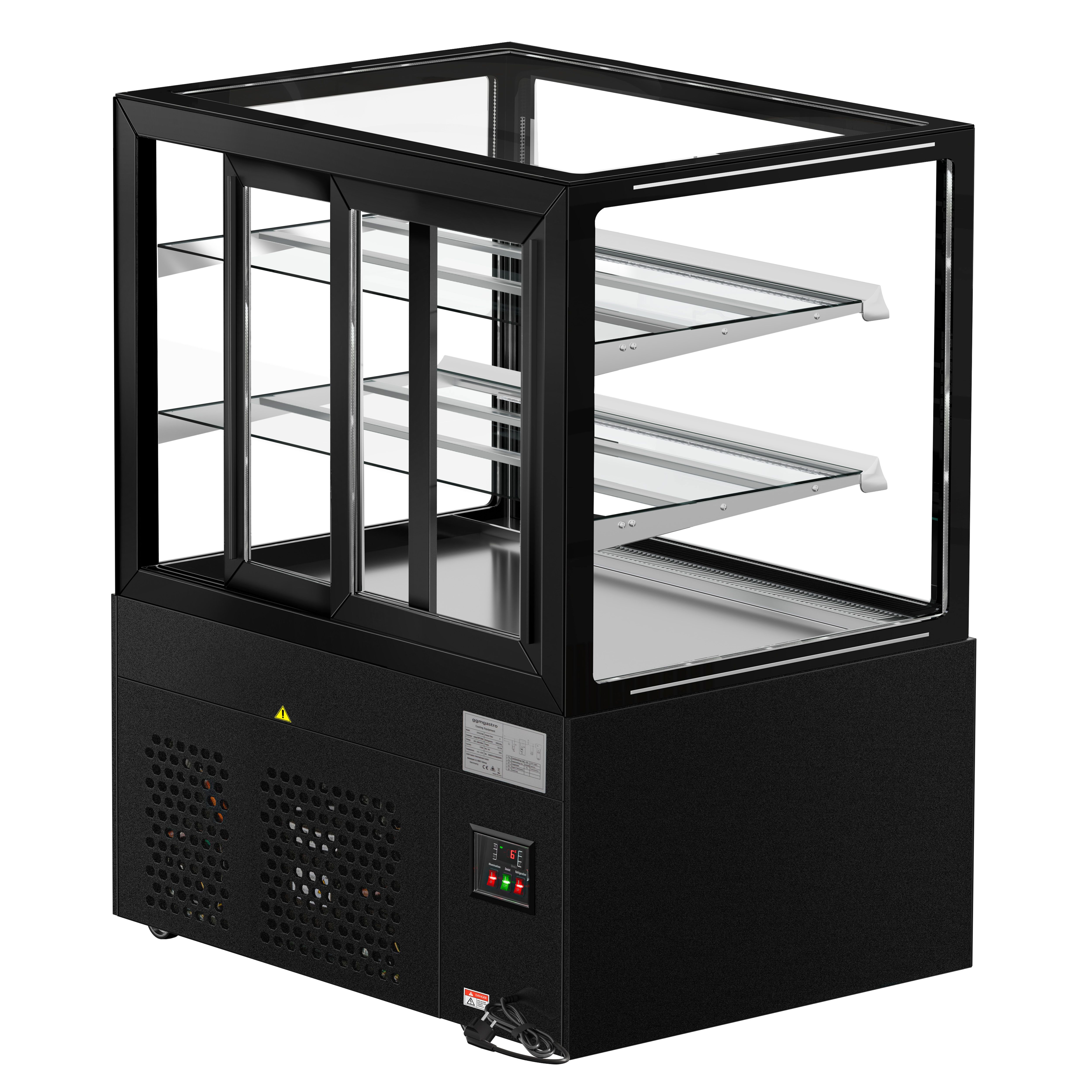 Vitrine à pâtisserie réfrigérée MADRID - 430L - 1000mm - Double vitrage - avec 2 étagères en verre - portes coulissantes vitrées arrière - Noir mat