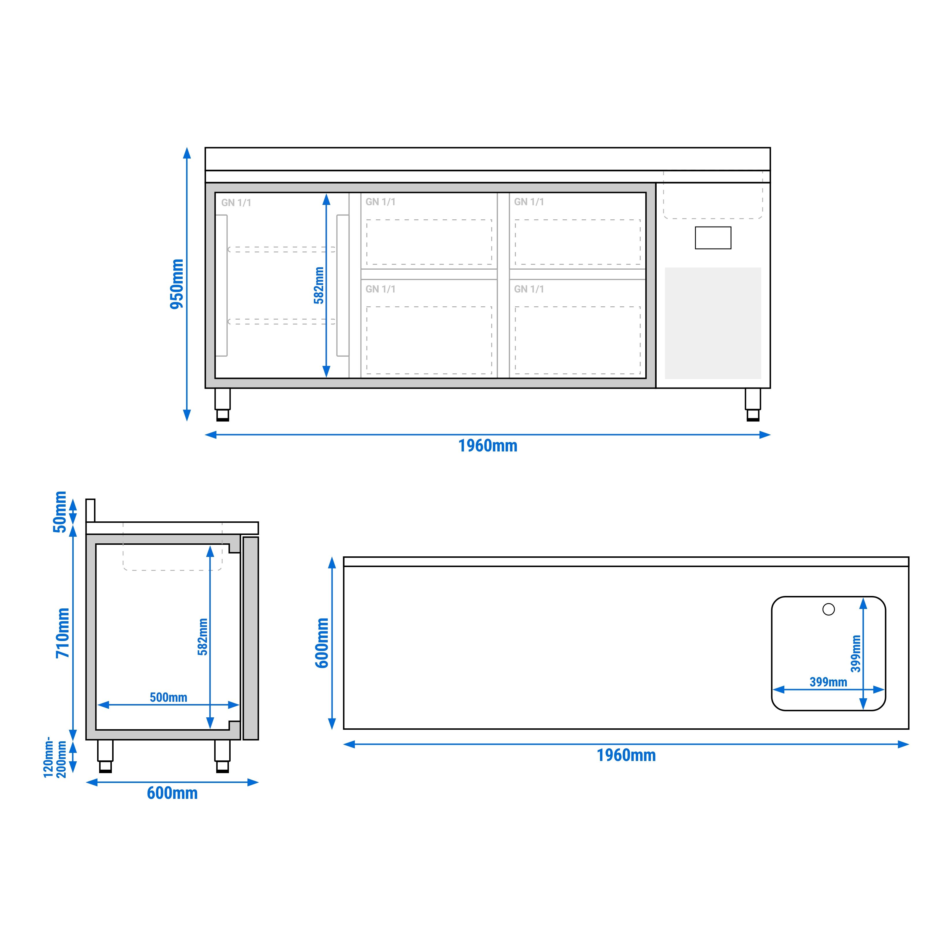 Table réfrigérée Premium PLUS - 1960 x 600 mm - avec 1 bac, 1 porte, 4 tiroirs - dosseret