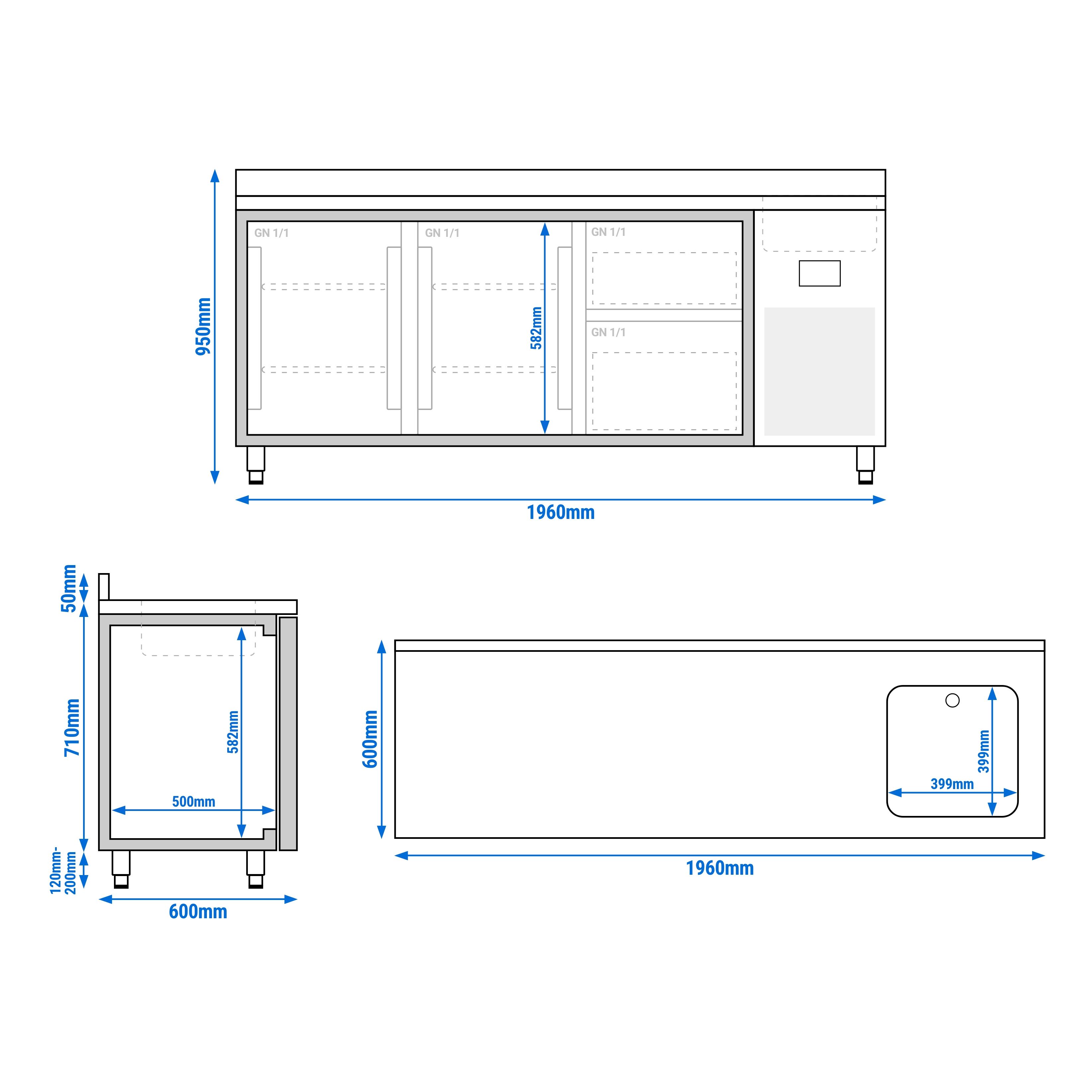 Table réfrigérée Premium PLUS - 1960 x 600 mm - avec 1 bac, 2 portes, 2 tiroirs - dosseret