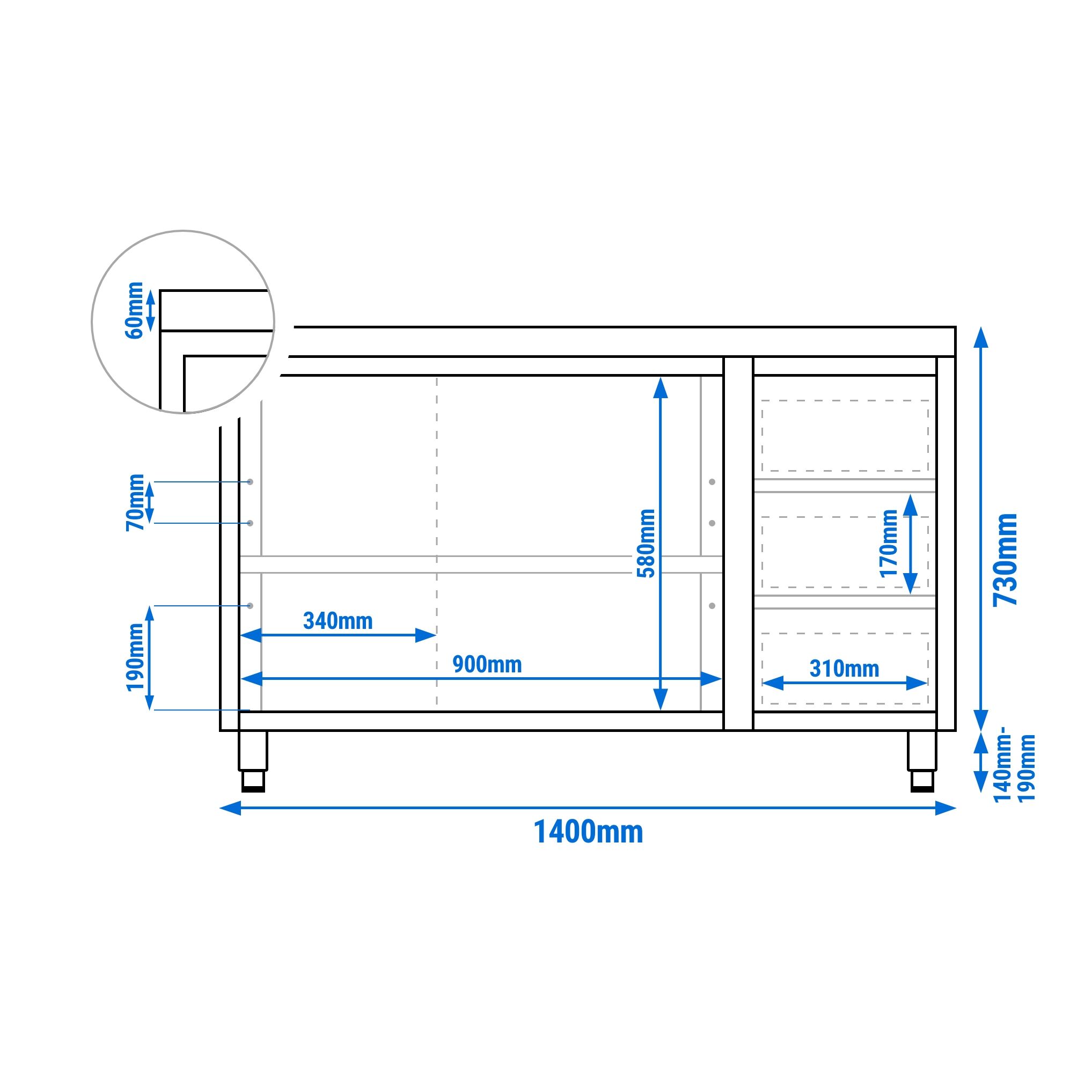 Table armoire en acier inoxydable PREMIUM - 1400x700mm - avec 3 tiroirs à droite et portes coulissantes