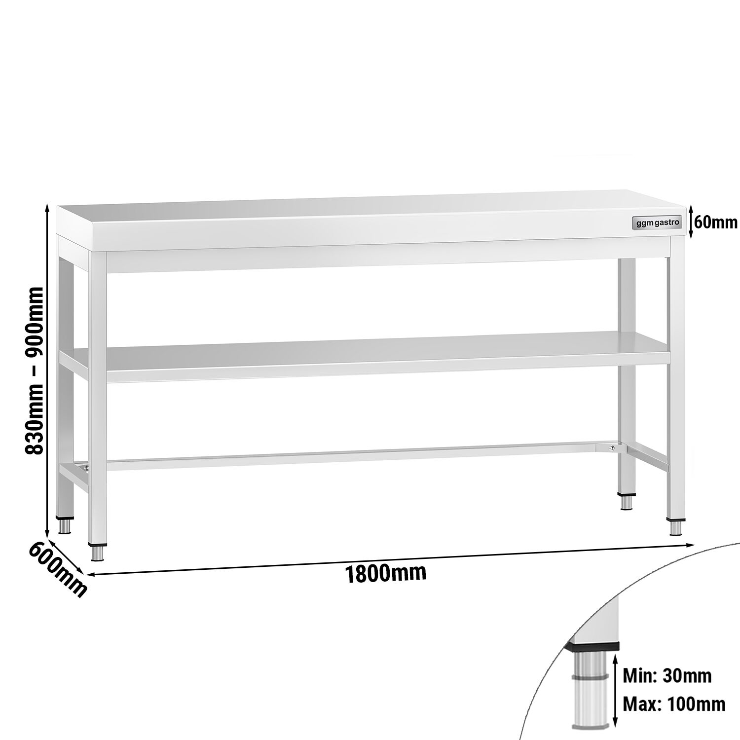 Table de travail inox PREMIUM - 1800 x 600 mm - avec tablette inférieure & Renforts