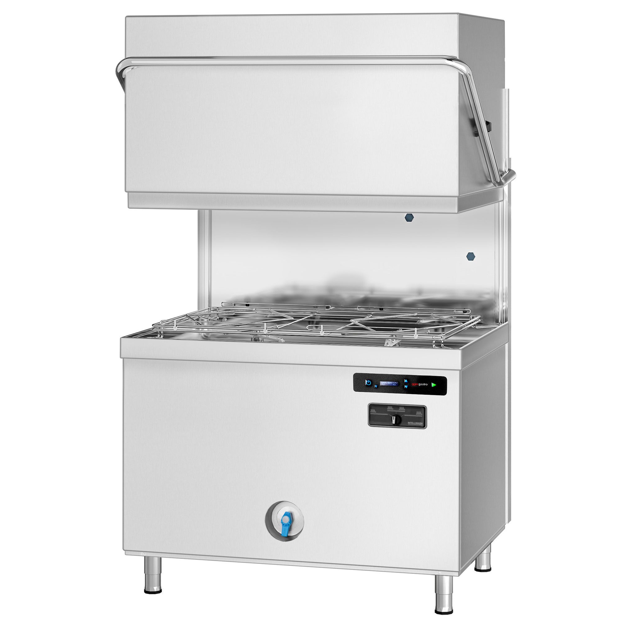 Lave-vaisselle à capot double paroi avec double panier traversant – Numérique – 22,2 kW – avec adoucisseur inclus – avec pompe de détergent, de rinçage et de vidange