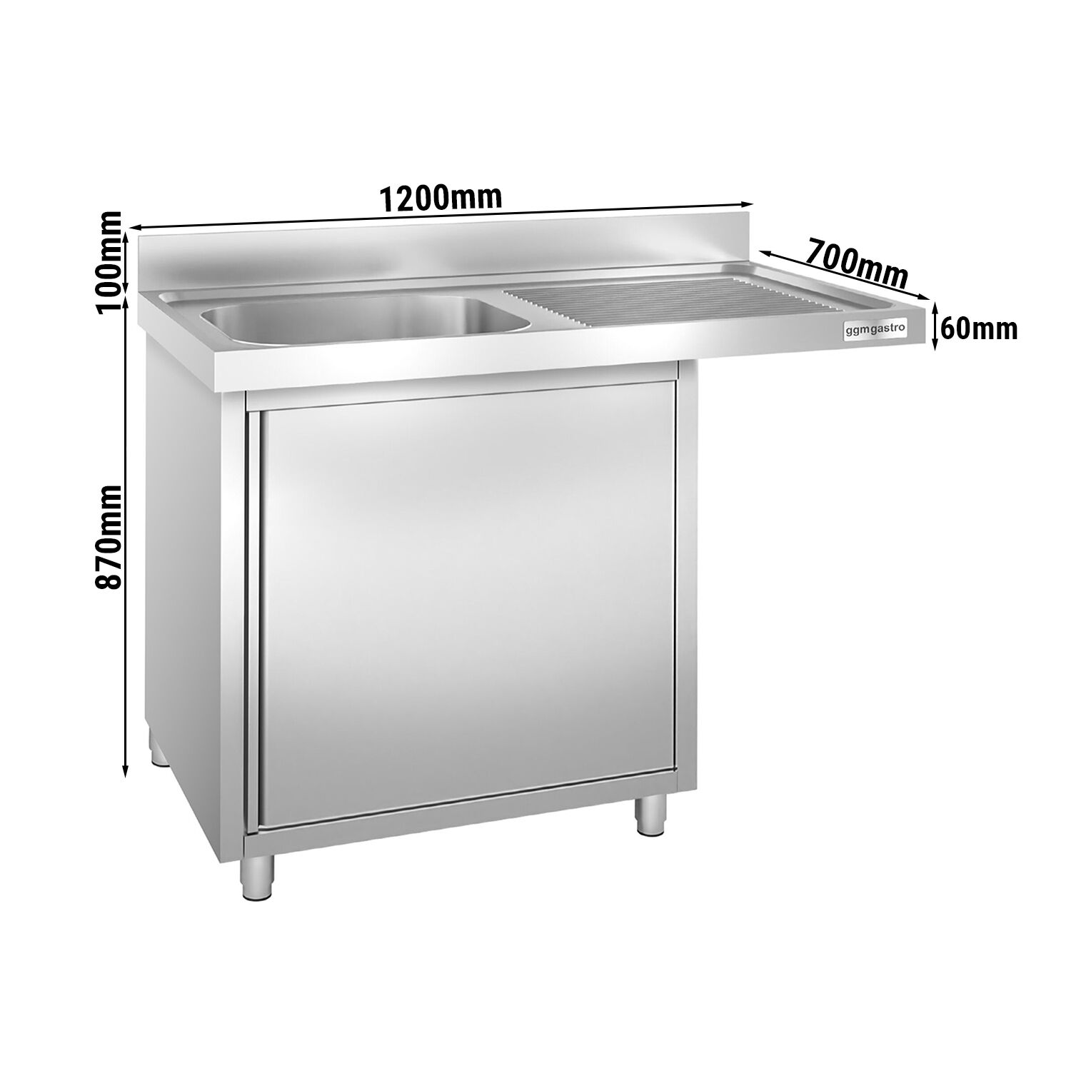 Plonge inox professionnelle PREMIUM - 1200x700mm - 1 bac à gauche - avec égouttoir à droite - passage lave-vaisselle à gauche