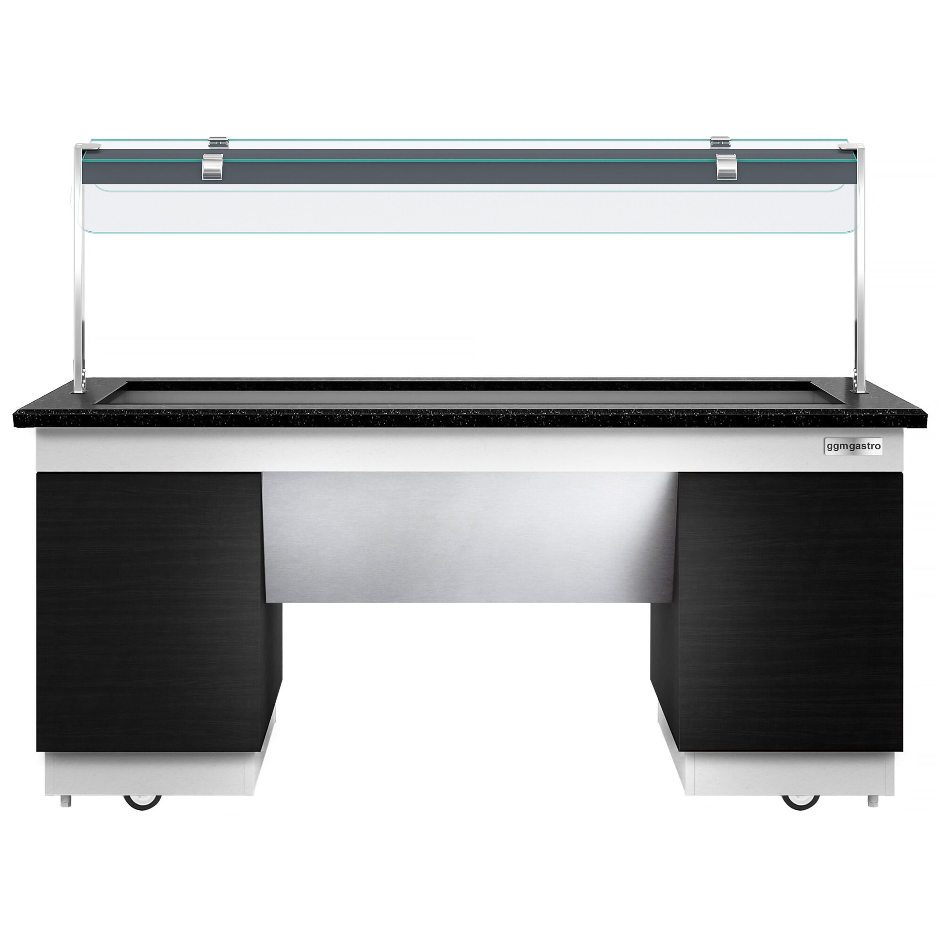 Heated Bain Marie Counter DUBLIN - 2000mm - with Bain Marie Well + Flat Glass Sneeze Guard - on Castors - for 5x GN 1/1 - Black