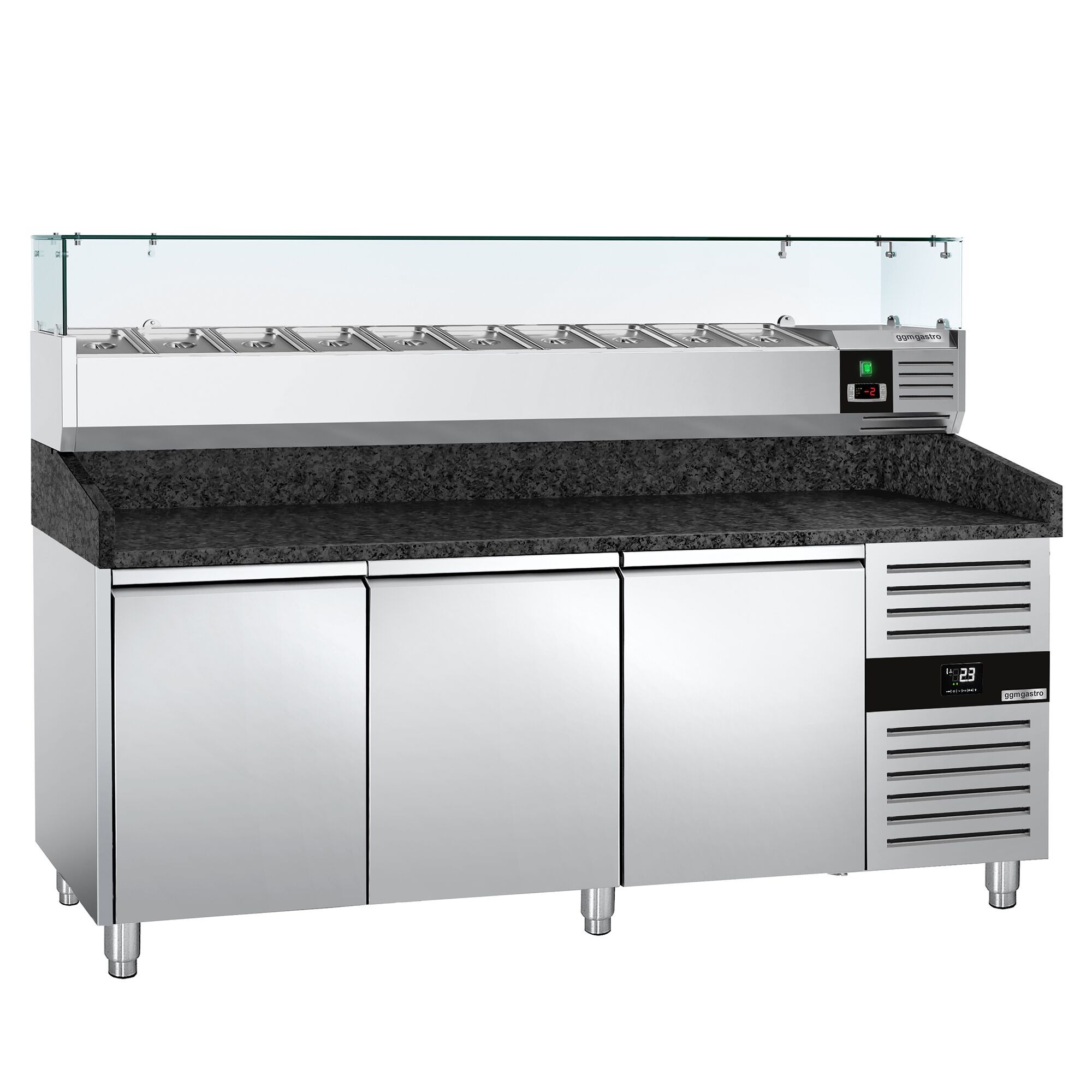 Table réfrigérée à pizza PREMIUM - 2000 x 800 mm - avec 3 portes - incl. vitrine réfrigérée - 10 x GN 1/4