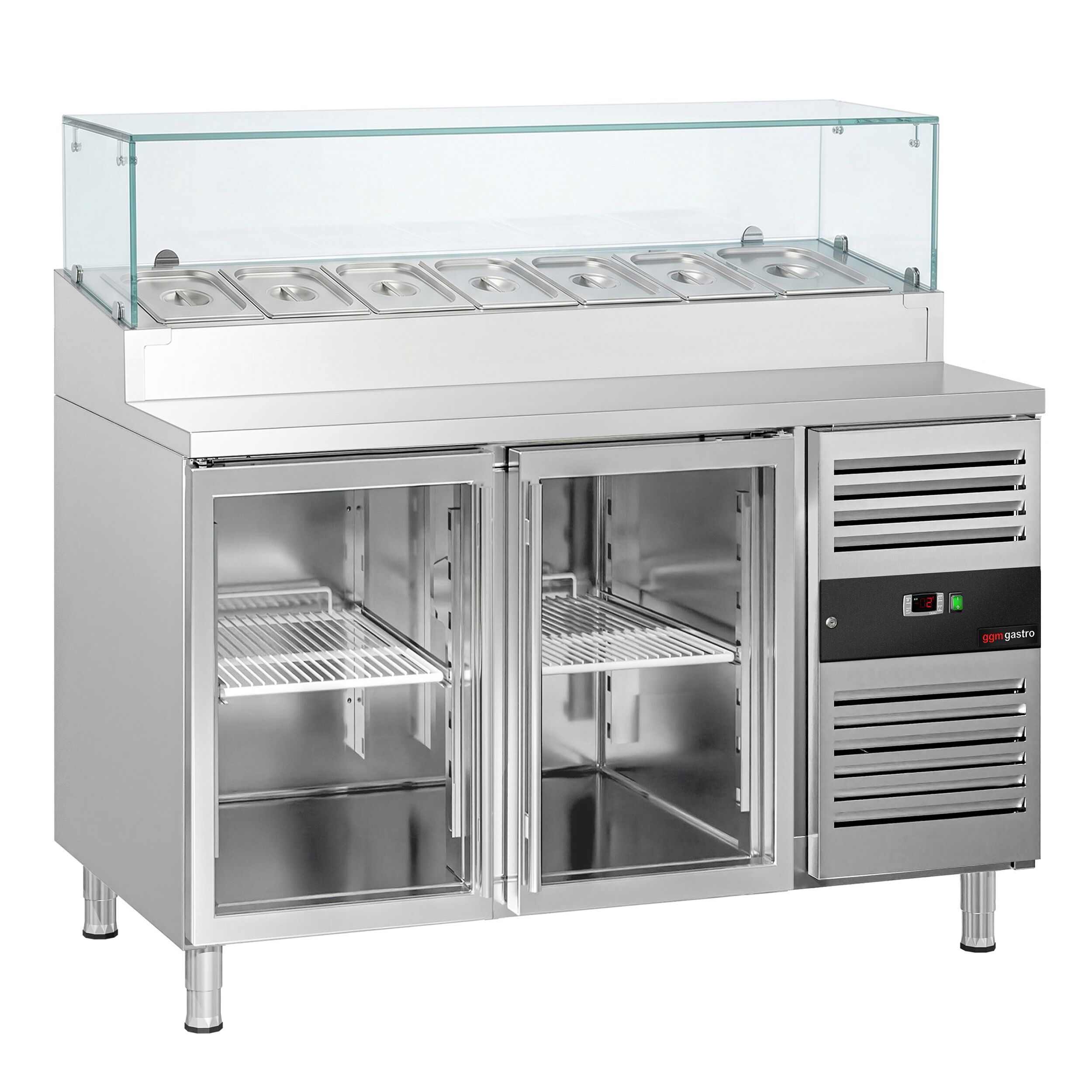 Zubereitungstisch PREMIUM - 1360mm - 2 Glastüren - mit Glasaufsatz - für 7x GN 1/3
