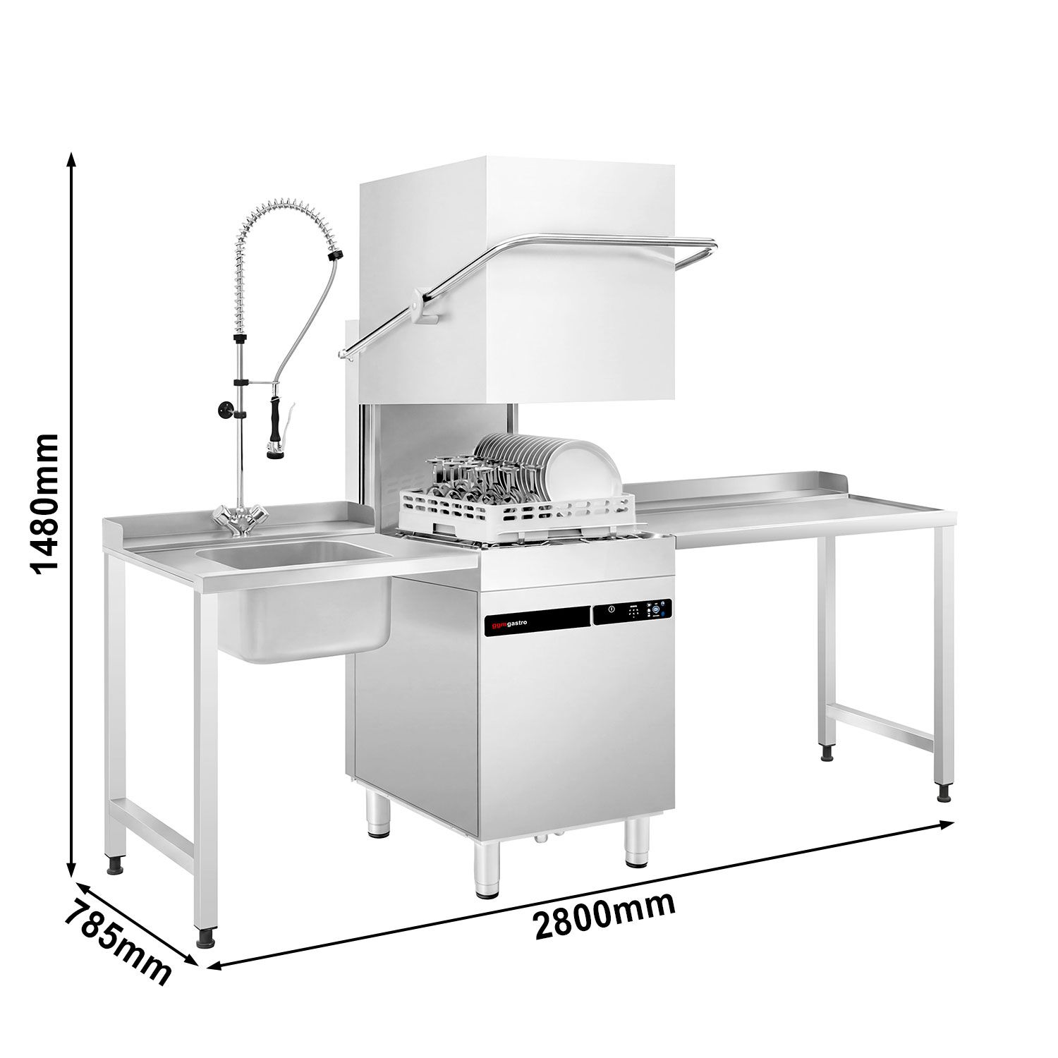Lave-vaisselle à capot – Écran tactile – 9,66 kW – avec table d’entrée à gauche et table de sortie à droite incluses – avec pompe de détergent, de rinçage et de vidange