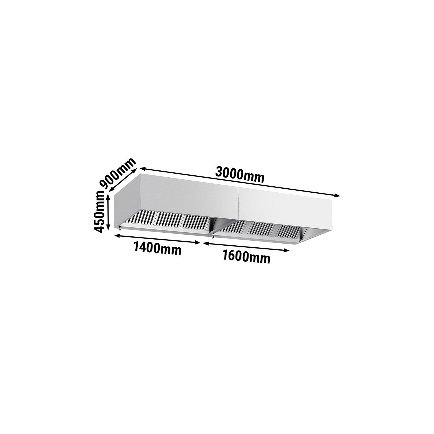 Hotte à adosser professionnelle - Profondeur 900 - 3000mm - sans moteur - avec filtres et éclairage