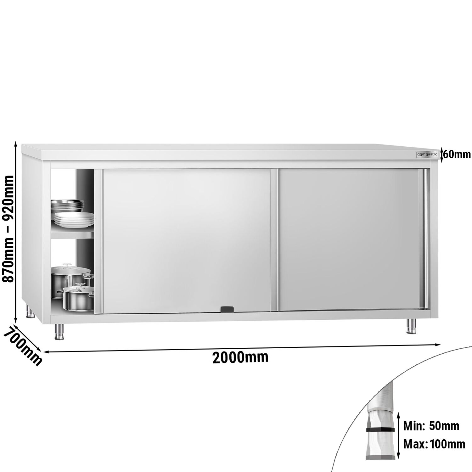 Table armoire en acier inoxydable PREMIUM - 2000x700mm - avec portes coulissantes - passe-plats
